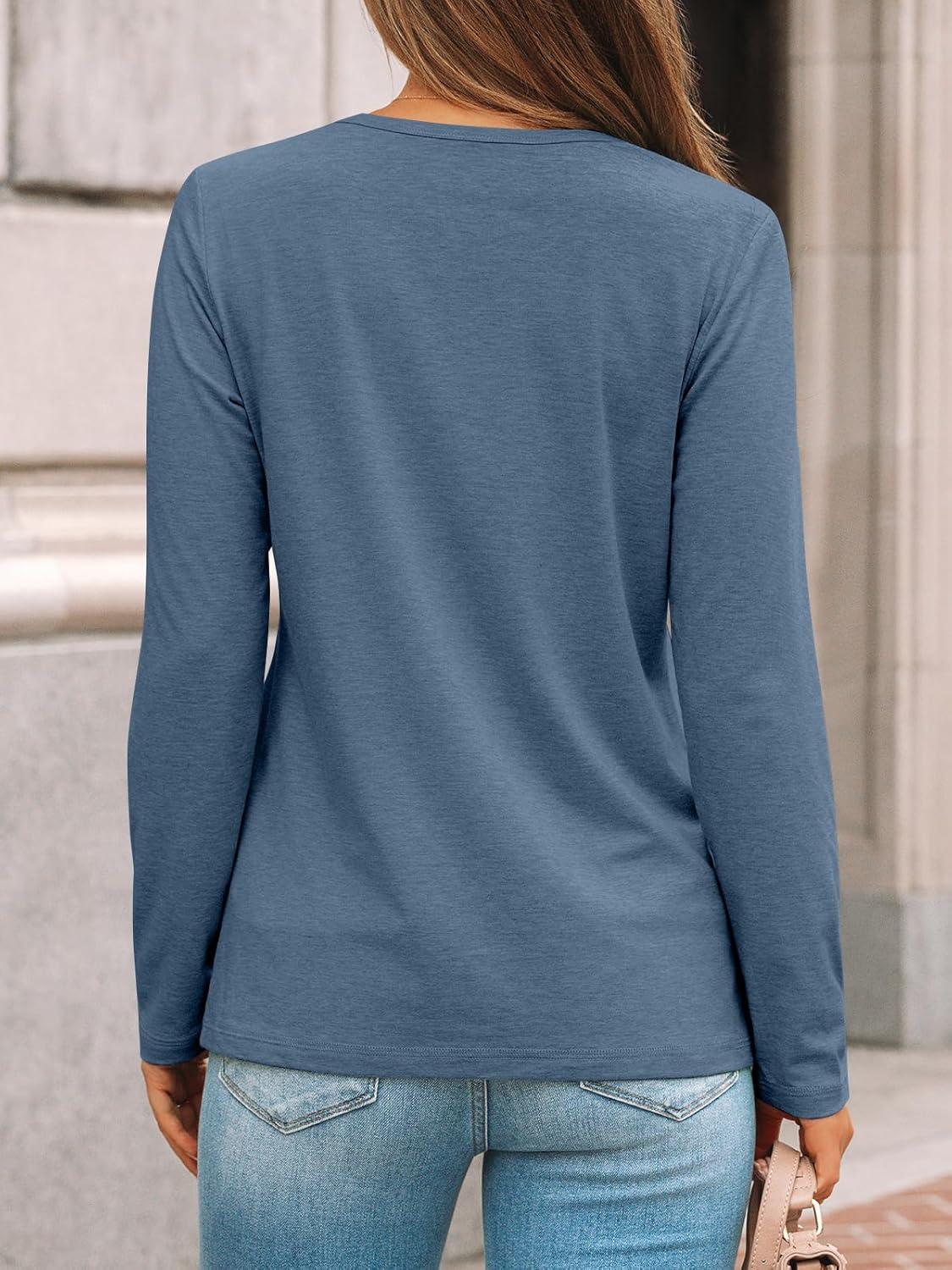 imageAUTOMET Womens Long Sleeve Shirts Pleated Crew Neck Casual Fall Fashion Tops Loose Fit Lightweight Girls Outfits ClothesNavy