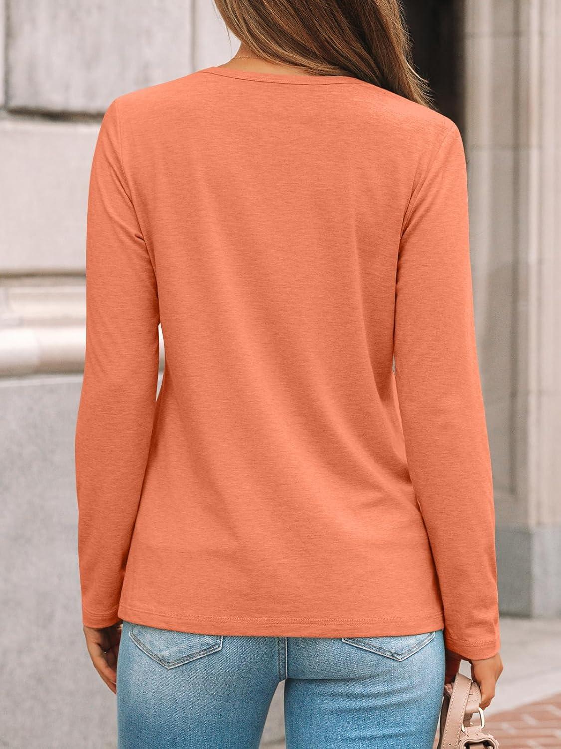 imageAUTOMET Womens Long Sleeve Shirts Pleated Crew Neck Casual Fall Fashion Tops Loose Fit Lightweight Girls Outfits ClothesOrange