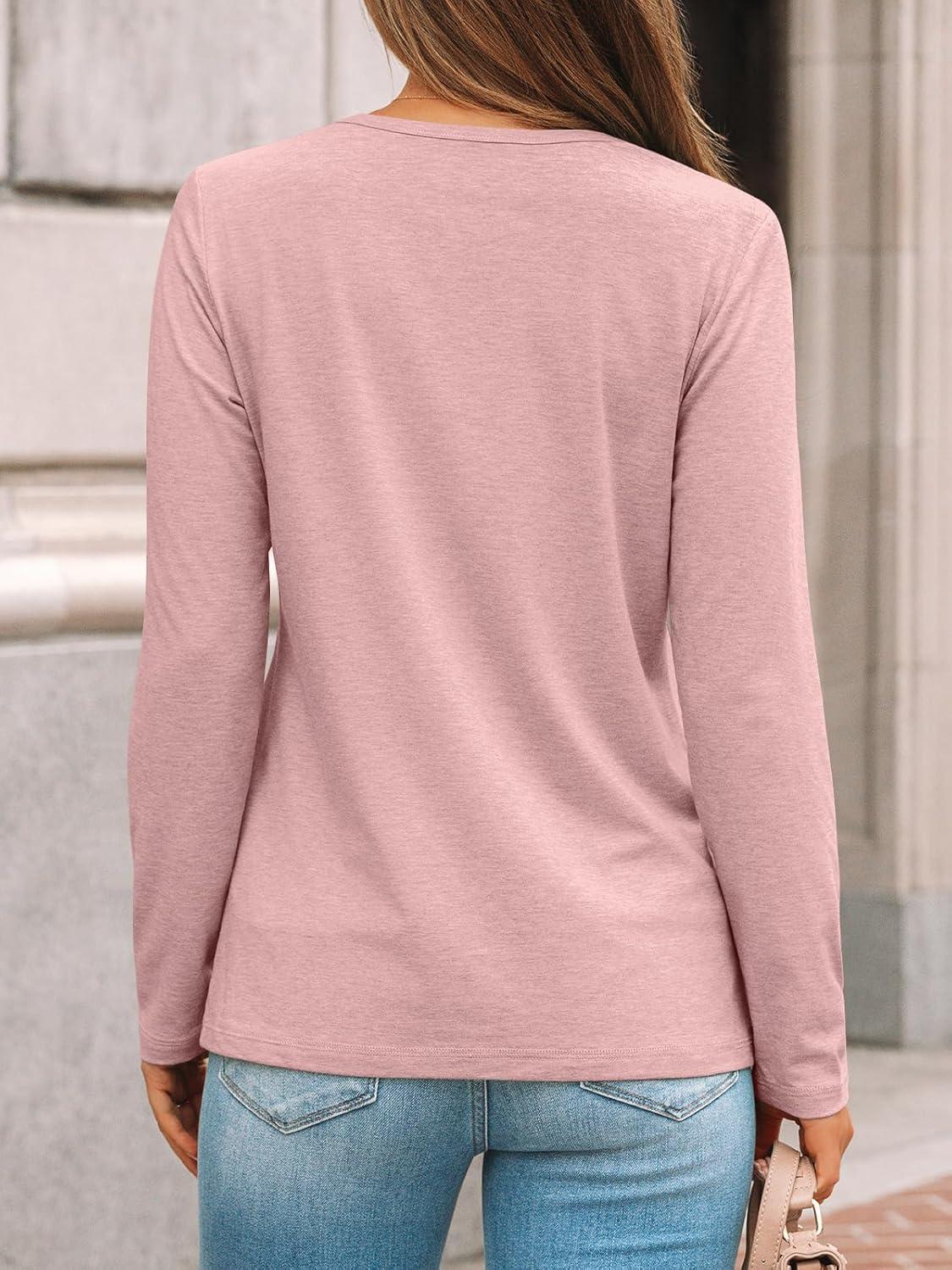 imageAUTOMET Womens Long Sleeve Shirts Pleated Crew Neck Casual Fall Fashion Tops Loose Fit Lightweight Girls Outfits ClothesPink