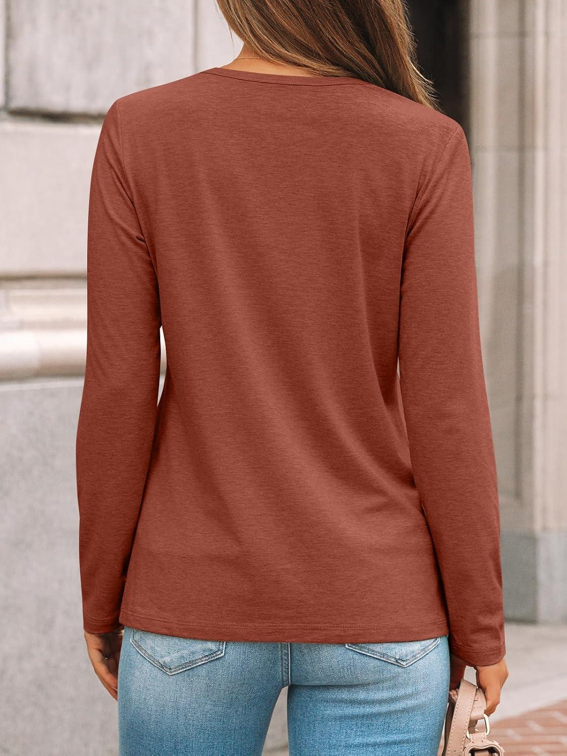 imageAUTOMET Womens Long Sleeve Shirts Pleated Crew Neck Casual Fall Fashion Tops Loose Fit Lightweight Girls Outfits ClothesRust