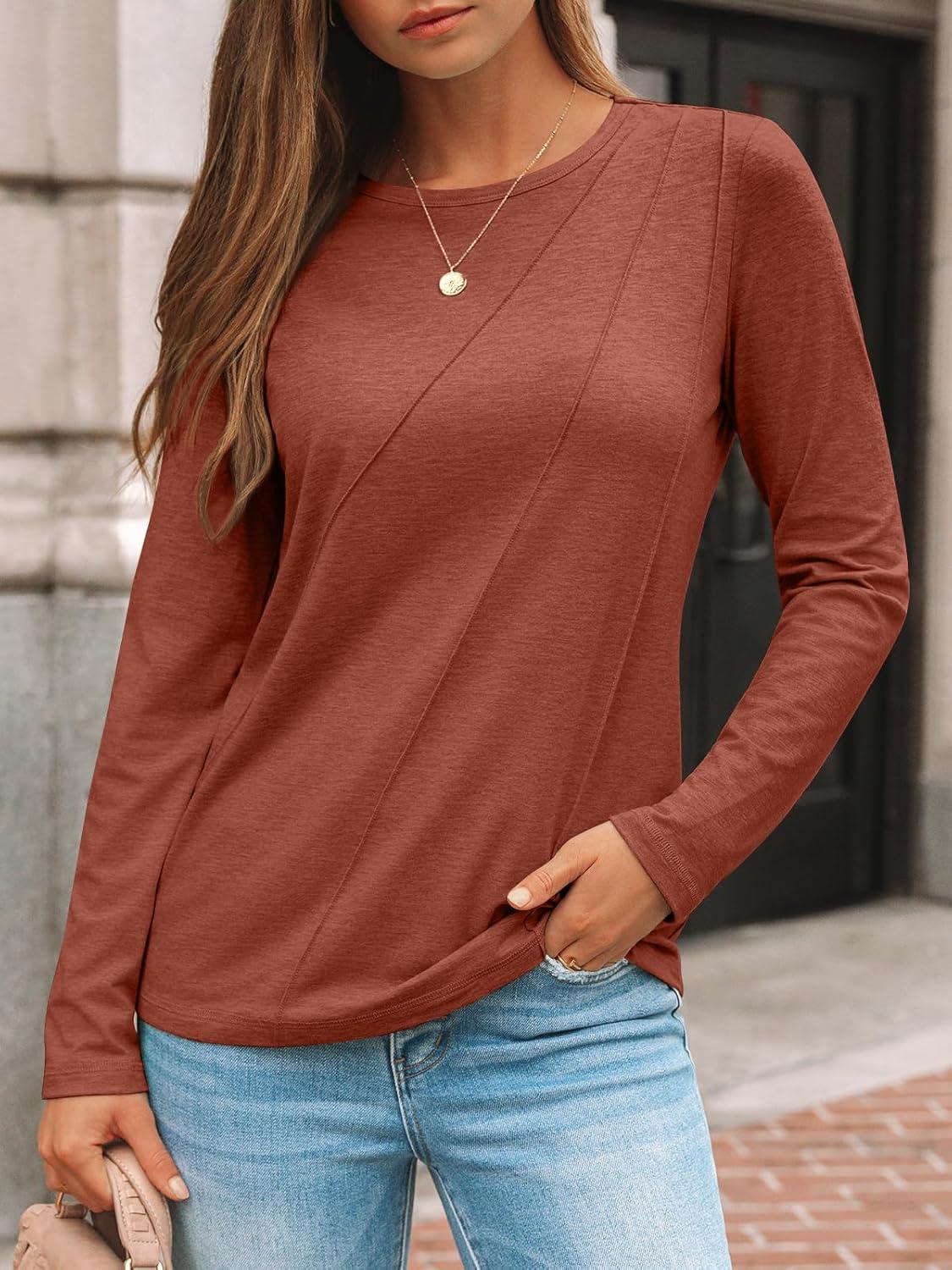 imageAUTOMET Womens Long Sleeve Shirts Pleated Crew Neck Casual Fall Fashion Tops Loose Fit Lightweight Girls Outfits ClothesRust