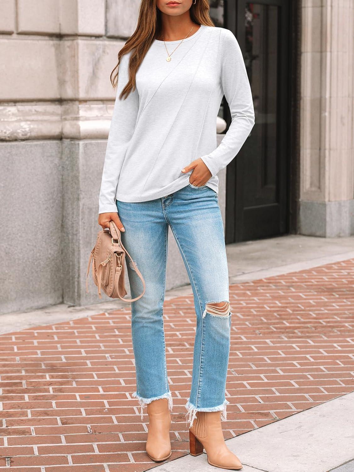 imageAUTOMET Womens Long Sleeve Shirts Pleated Crew Neck Casual Fall Fashion Tops Loose Fit Lightweight Girls Outfits ClothesWhite