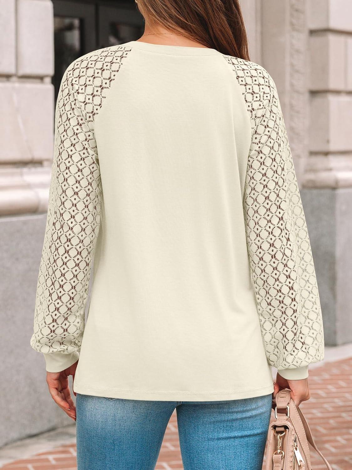 imageAUTOMET Womens Long Sleeve Shirts Pleated Lace Tops Fall Fashion Outfits Business Casual BlousesApricot