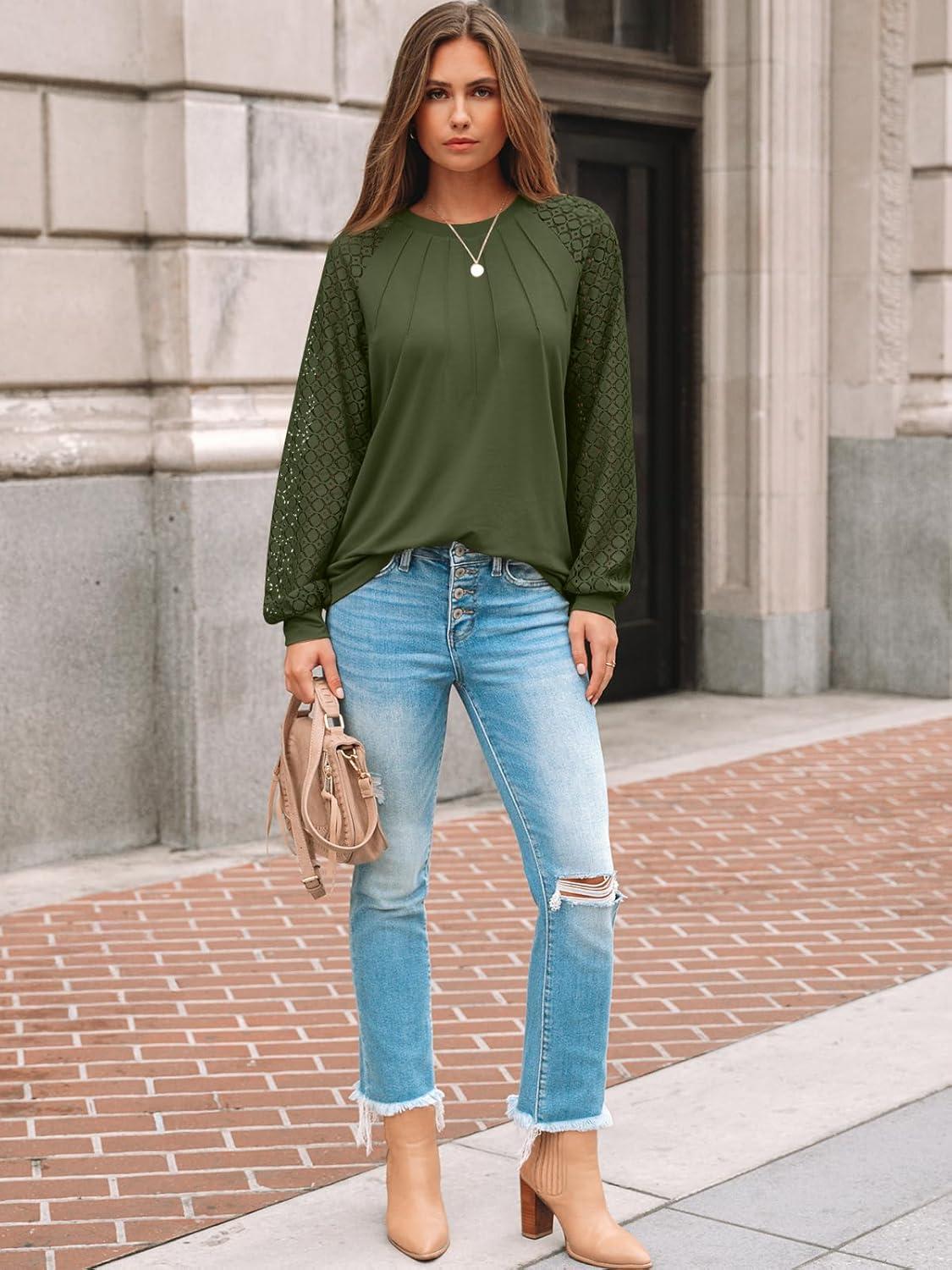 imageAUTOMET Womens Long Sleeve Shirts Pleated Lace Tops Fall Fashion Outfits Business Casual BlousesArmygreen