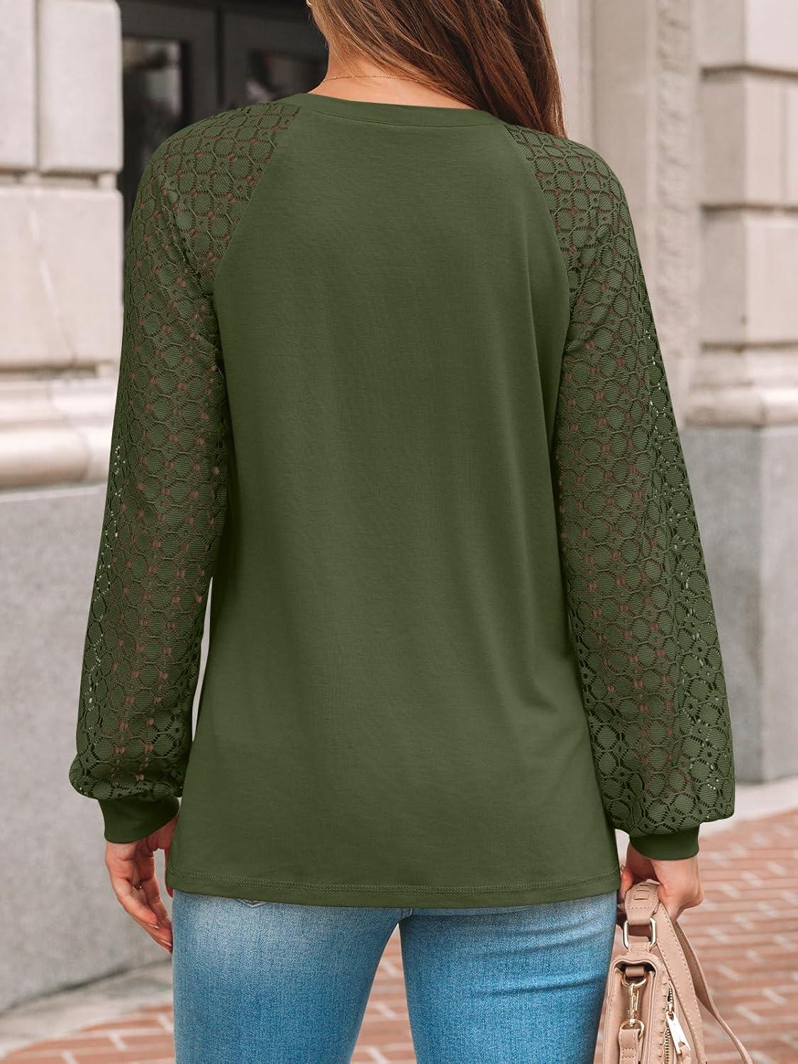 imageAUTOMET Womens Long Sleeve Shirts Pleated Lace Tops Fall Fashion Outfits Business Casual BlousesArmygreen