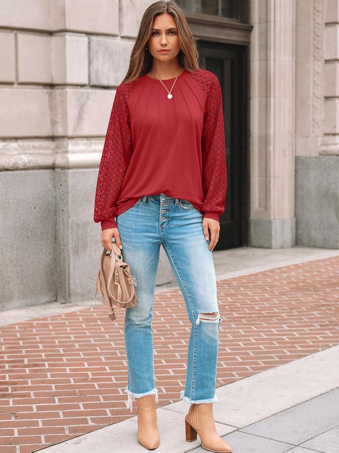 imageAUTOMET Womens Long Sleeve Shirts Pleated Lace Tops Fall Fashion Outfits Business Casual BlousesBrightred