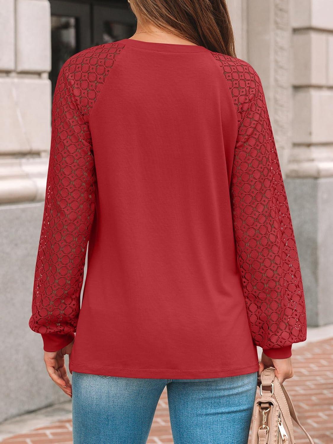 imageAUTOMET Womens Long Sleeve Shirts Pleated Lace Tops Fall Fashion Outfits Business Casual BlousesBrightred