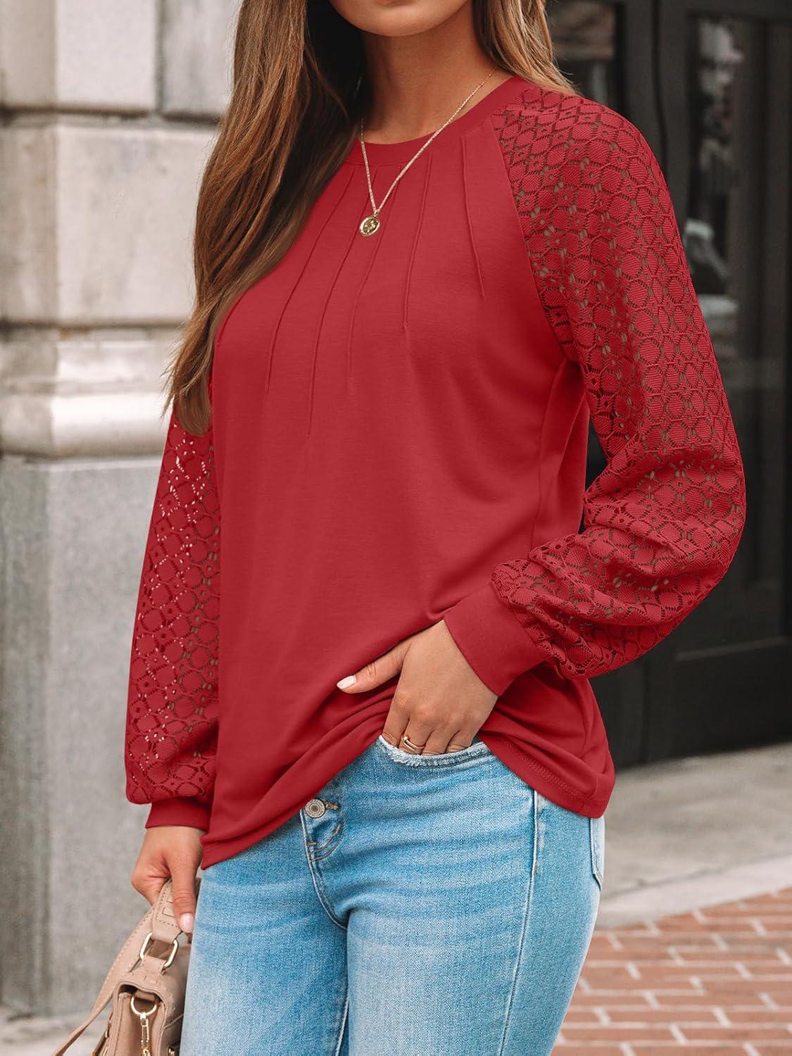 imageAUTOMET Womens Long Sleeve Shirts Pleated Lace Tops Fall Fashion Outfits Business Casual BlousesBrightred