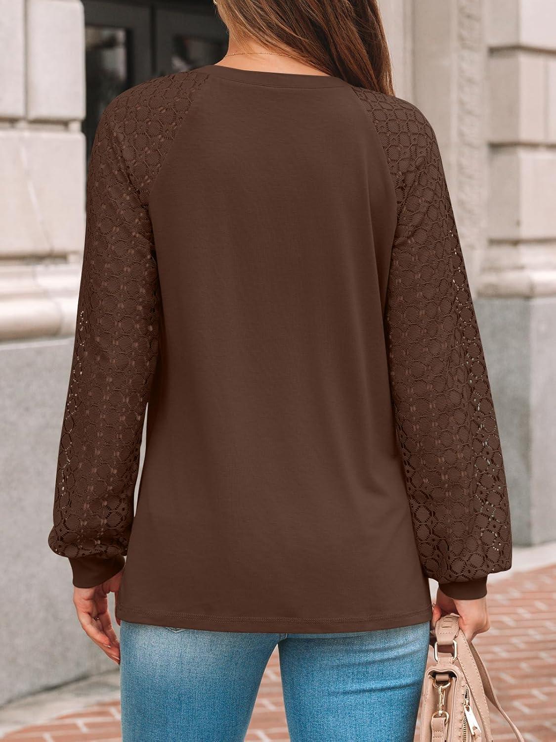 imageAUTOMET Womens Long Sleeve Shirts Pleated Lace Tops Fall Fashion Outfits Business Casual BlousesChocolate Brown