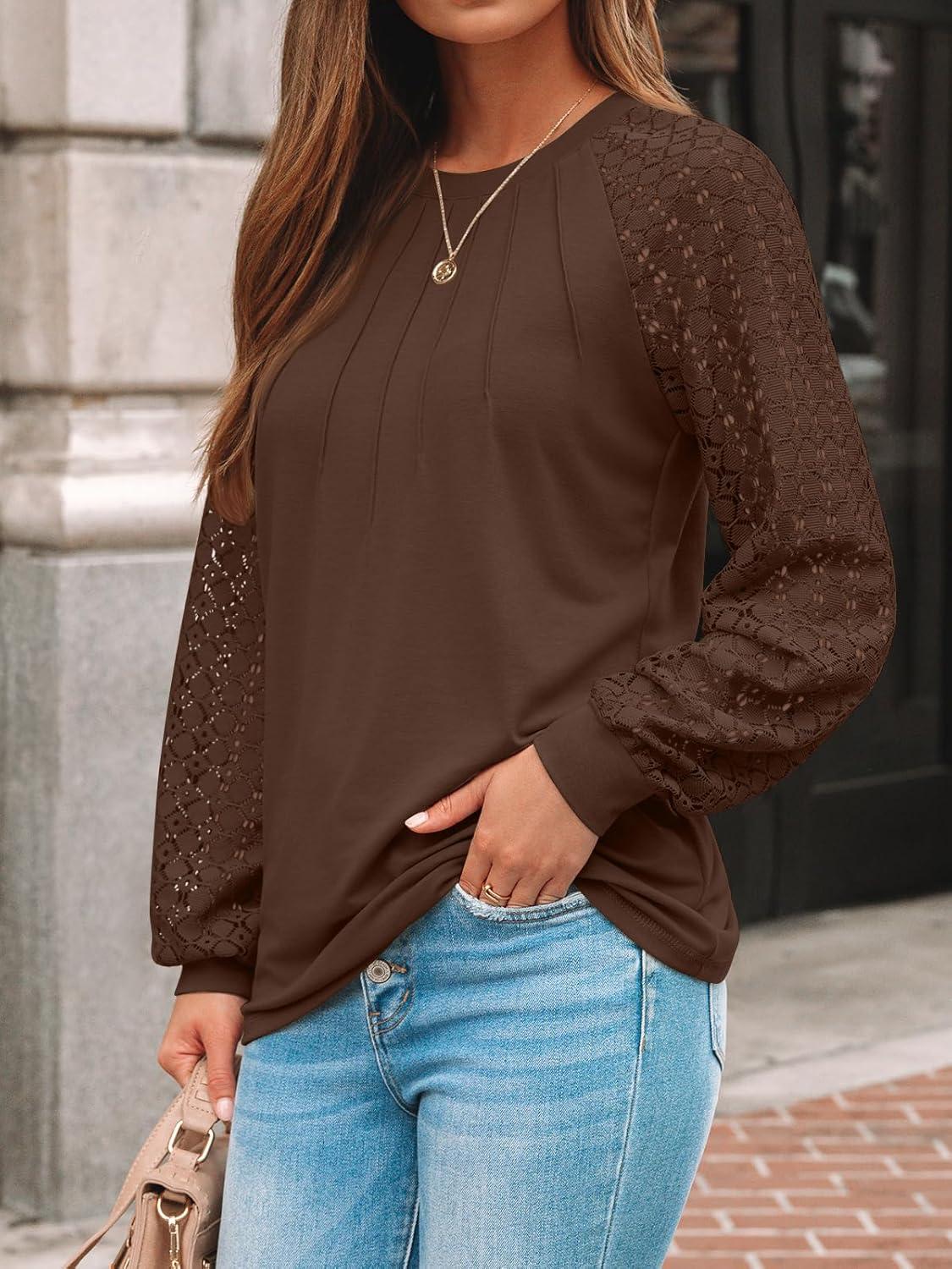 imageAUTOMET Womens Long Sleeve Shirts Pleated Lace Tops Fall Fashion Outfits Business Casual BlousesChocolate Brown