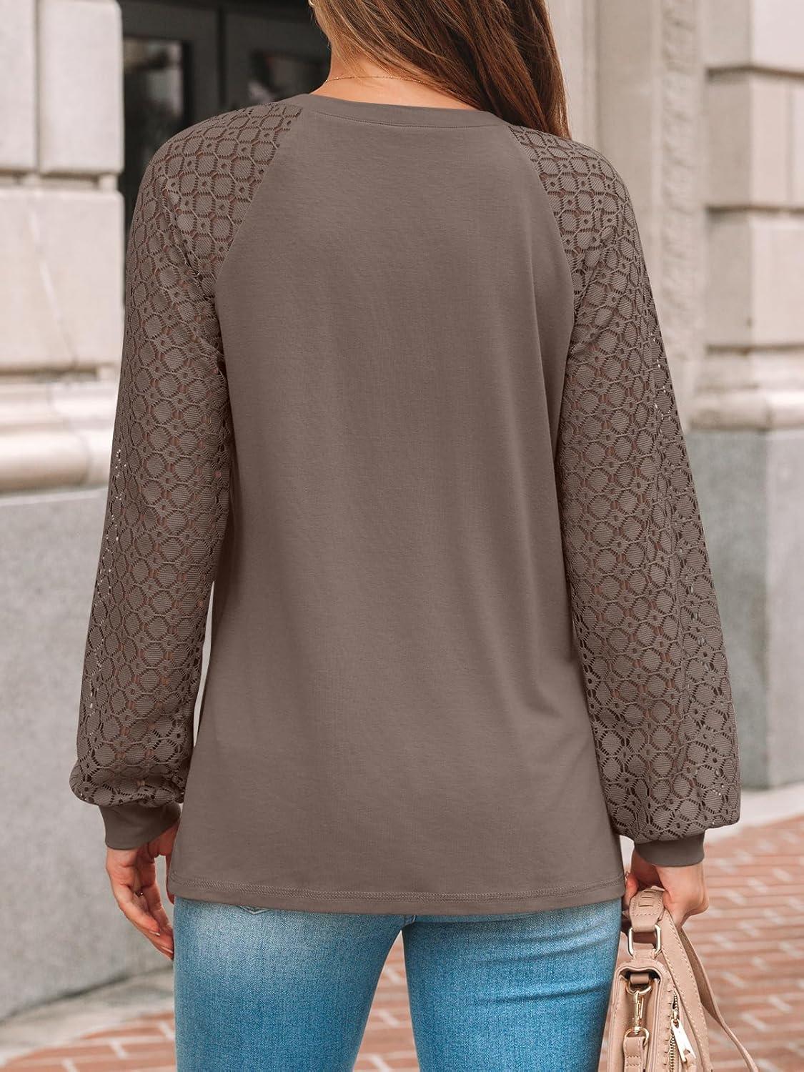 imageAUTOMET Womens Long Sleeve Shirts Pleated Lace Tops Fall Fashion Outfits Business Casual BlousesCoffee