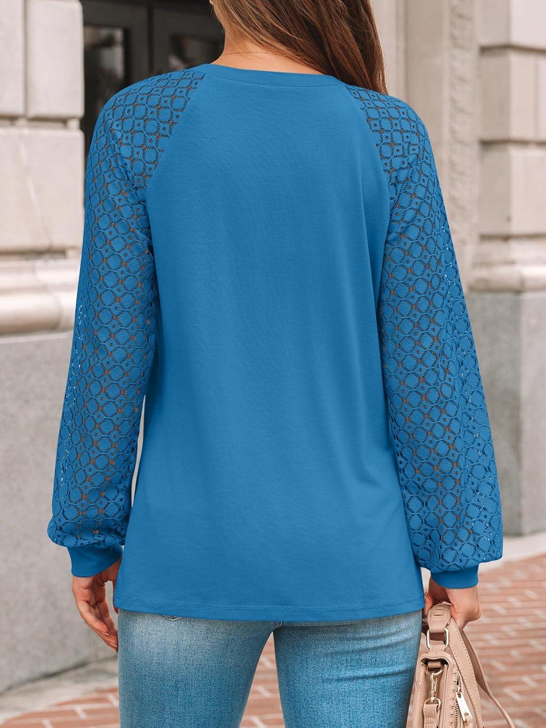 imageAUTOMET Womens Long Sleeve Shirts Pleated Lace Tops Fall Fashion Outfits Business Casual BlousesGreyblue