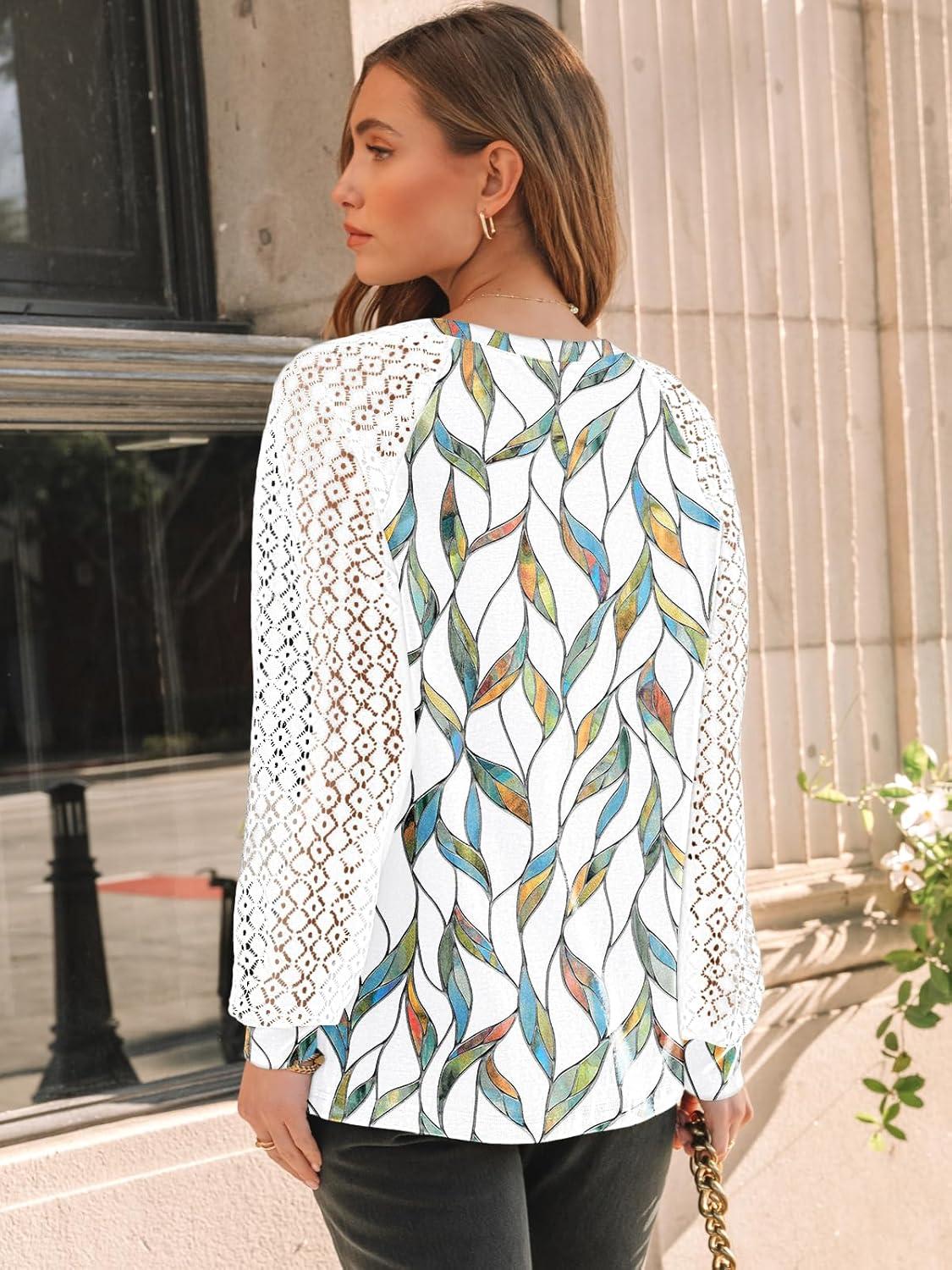 imageAUTOMET Womens Long Sleeve Shirts Pleated Lace Tops Fall Fashion Outfits Business Casual BlousesLeaf Multi