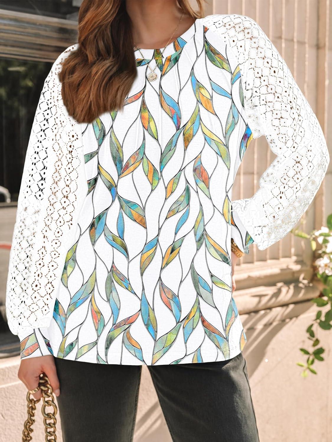 imageAUTOMET Womens Long Sleeve Shirts Pleated Lace Tops Fall Fashion Outfits Business Casual BlousesLeaf Multi