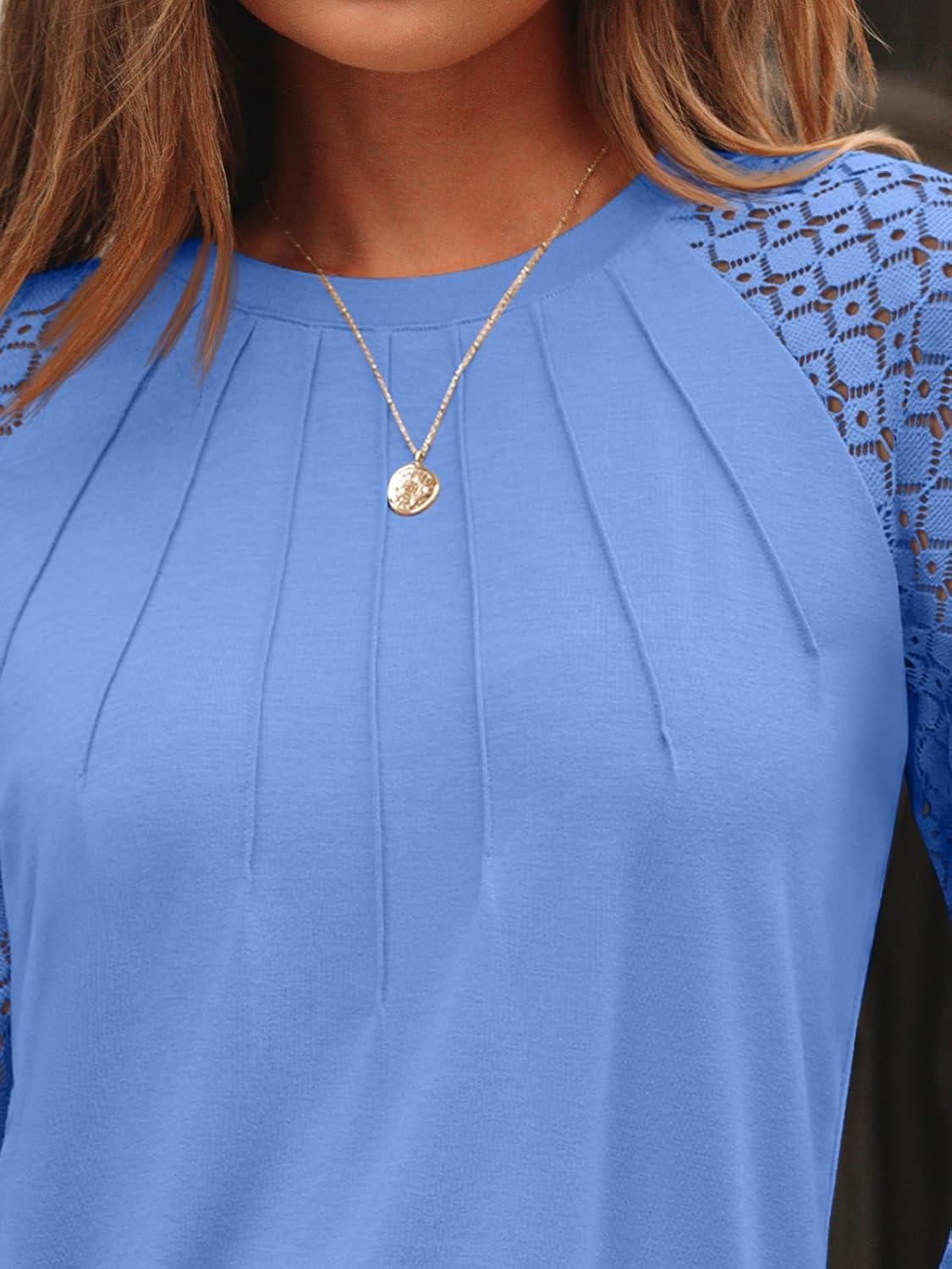 imageAUTOMET Womens Long Sleeve Shirts Pleated Lace Tops Fall Fashion Outfits Business Casual BlousesLightblue