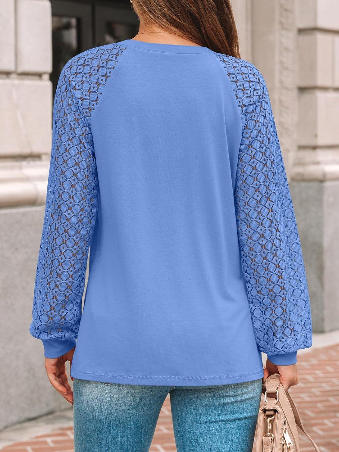 imageAUTOMET Womens Long Sleeve Shirts Pleated Lace Tops Fall Fashion Outfits Business Casual BlousesLightblue