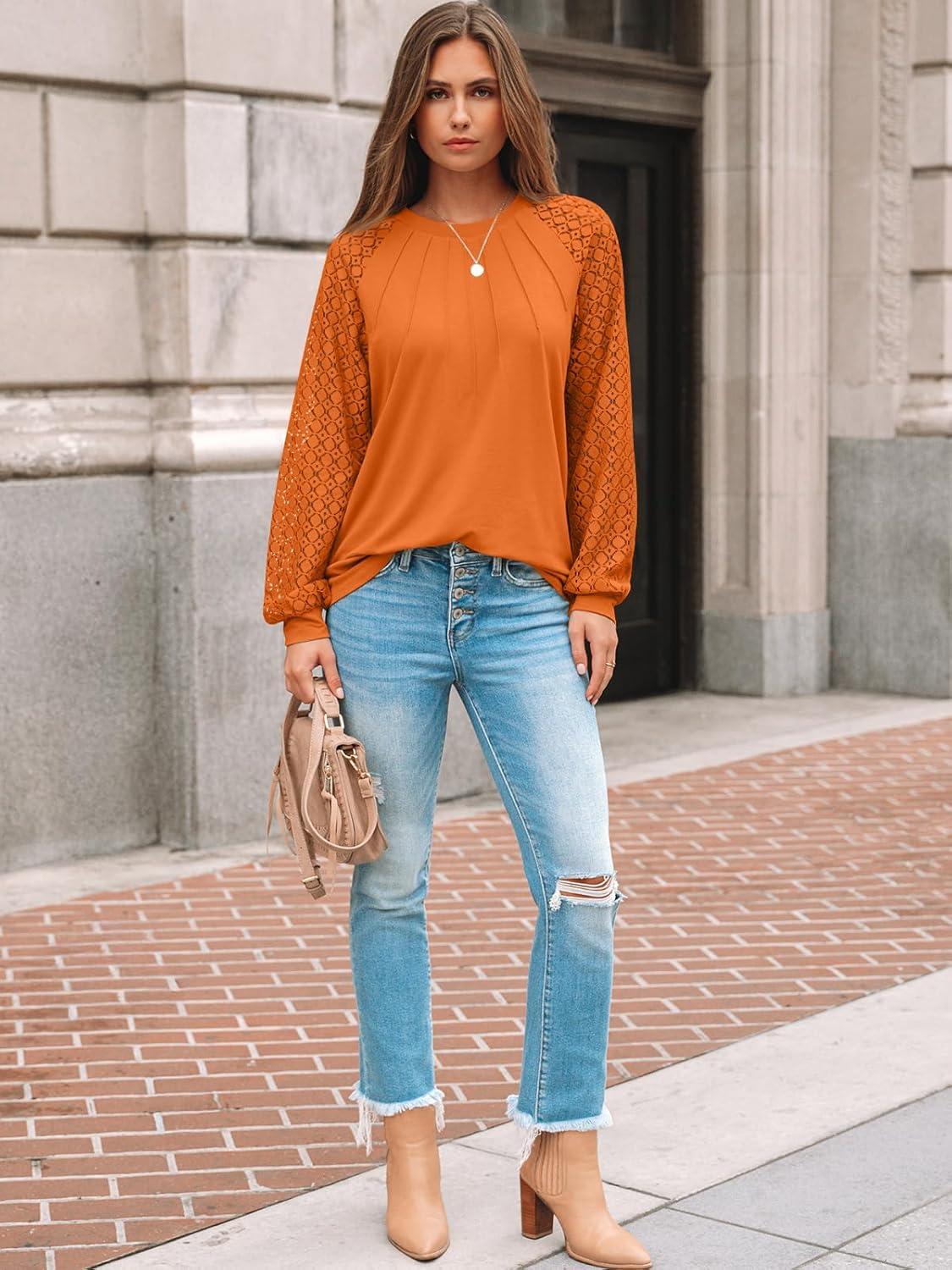 imageAUTOMET Womens Long Sleeve Shirts Pleated Lace Tops Fall Fashion Outfits Business Casual BlousesLightorange