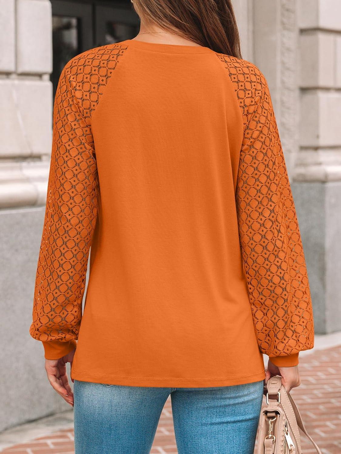 imageAUTOMET Womens Long Sleeve Shirts Pleated Lace Tops Fall Fashion Outfits Business Casual BlousesLightorange