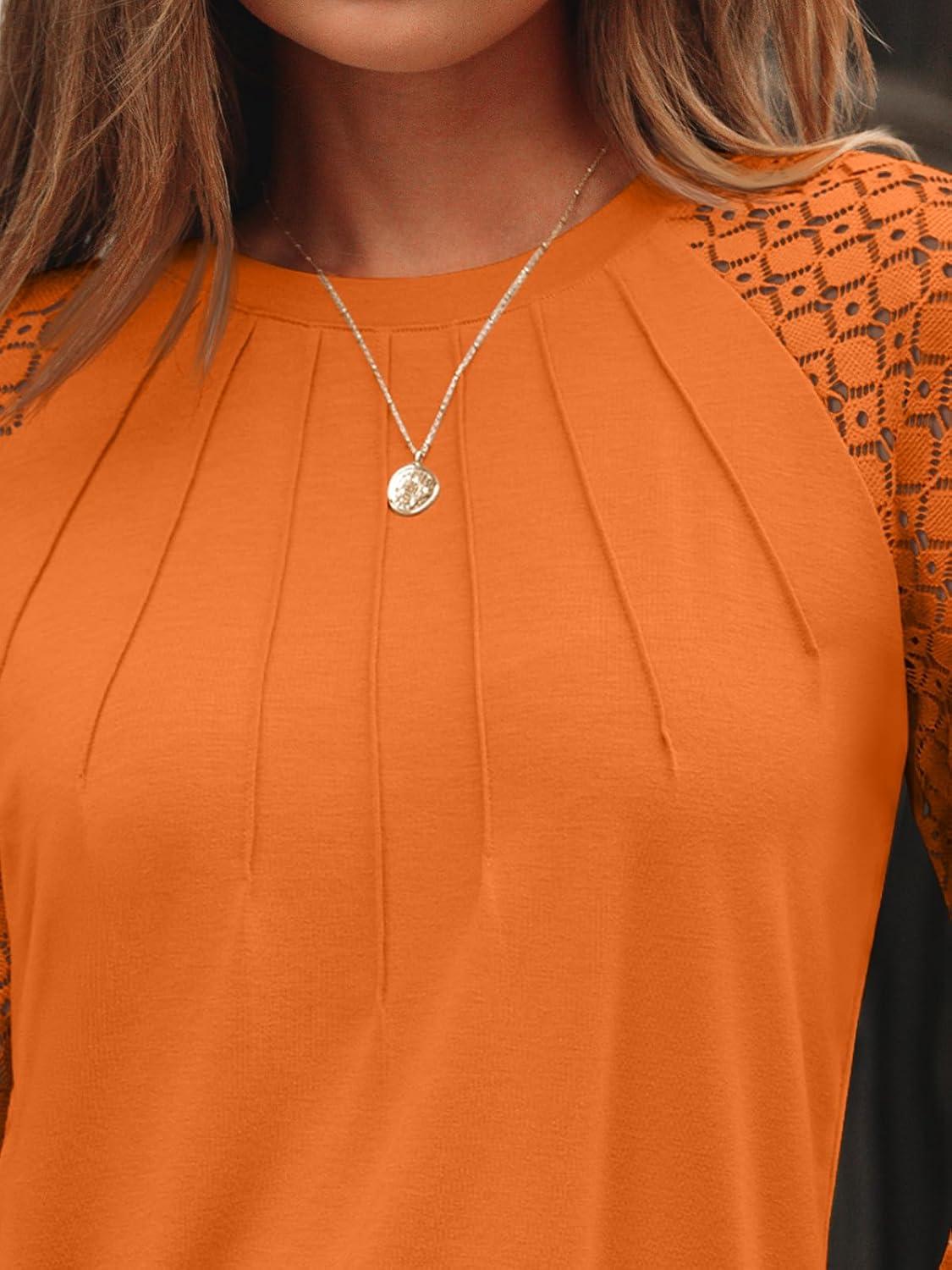 imageAUTOMET Womens Long Sleeve Shirts Pleated Lace Tops Fall Fashion Outfits Business Casual BlousesLightorange