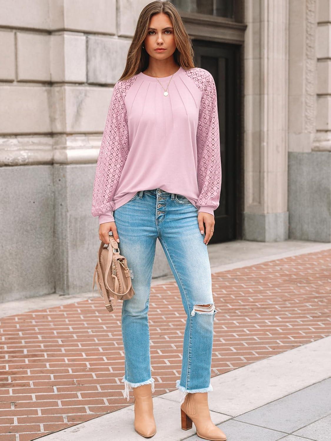 imageAUTOMET Womens Long Sleeve Shirts Pleated Lace Tops Fall Fashion Outfits Business Casual BlousesPink