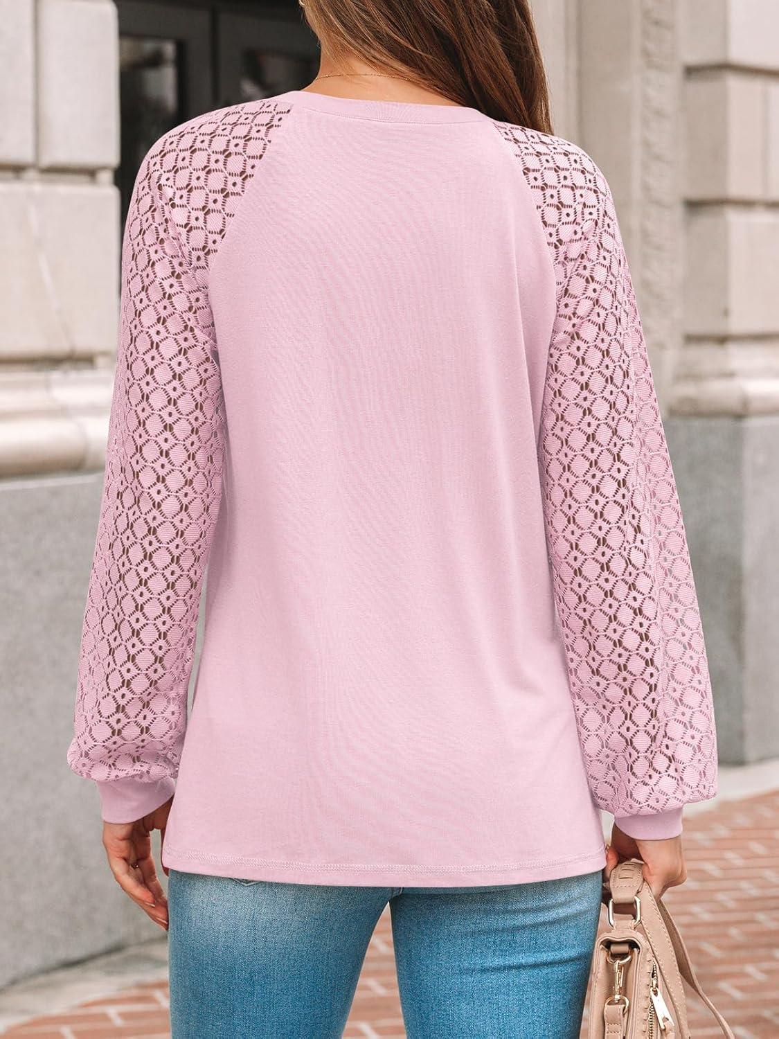 imageAUTOMET Womens Long Sleeve Shirts Pleated Lace Tops Fall Fashion Outfits Business Casual BlousesPink