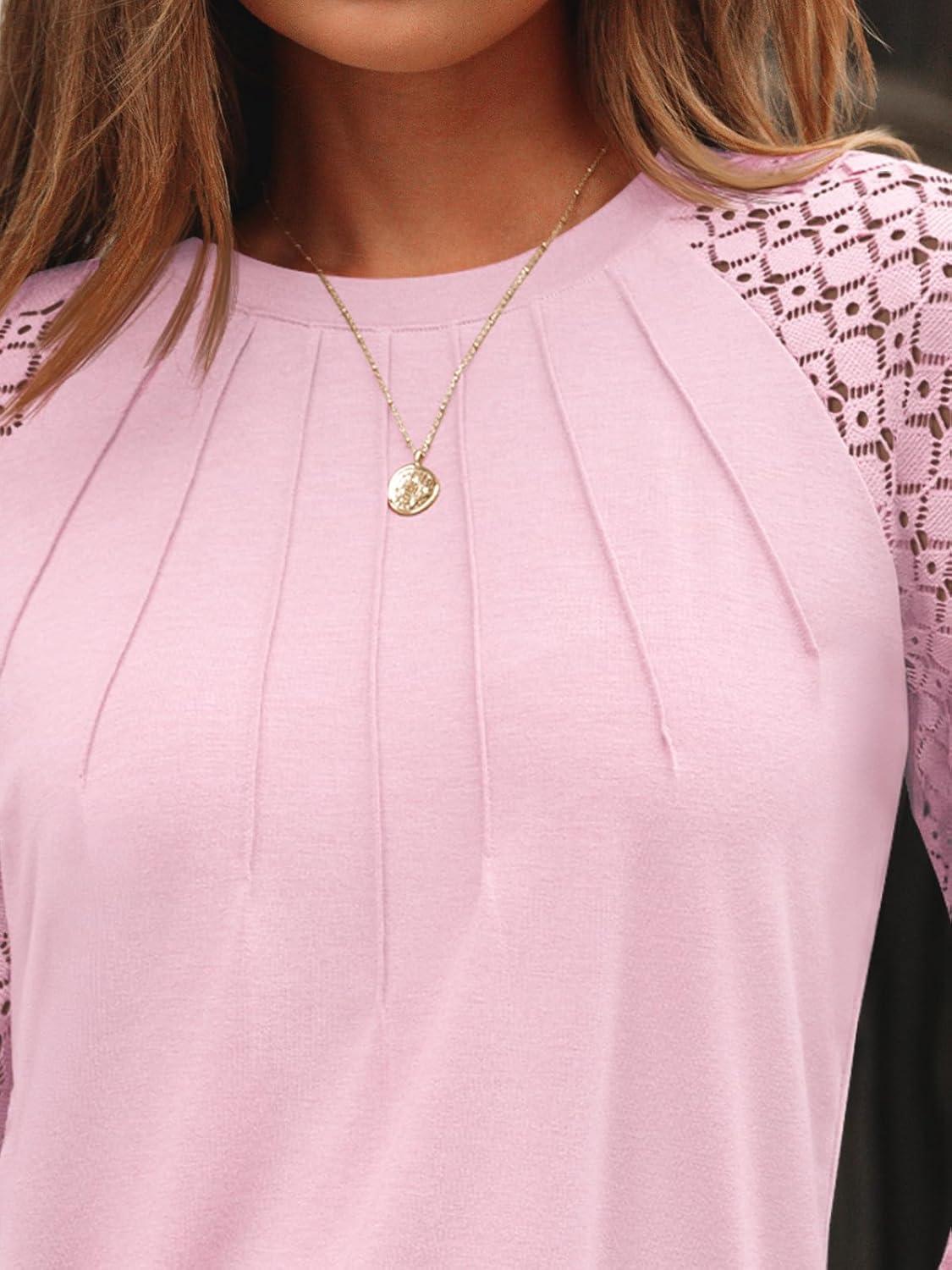 imageAUTOMET Womens Long Sleeve Shirts Pleated Lace Tops Fall Fashion Outfits Business Casual BlousesPink