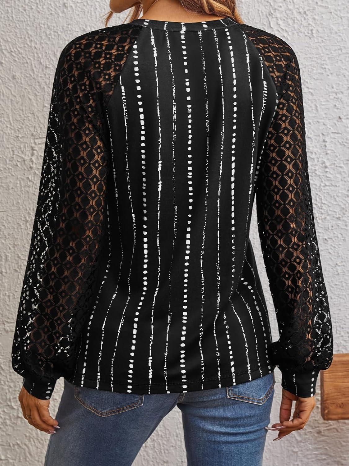 imageAUTOMET Womens Long Sleeve Shirts Pleated Lace Tops Fall Fashion Outfits Business Casual BlousesPrinting Black