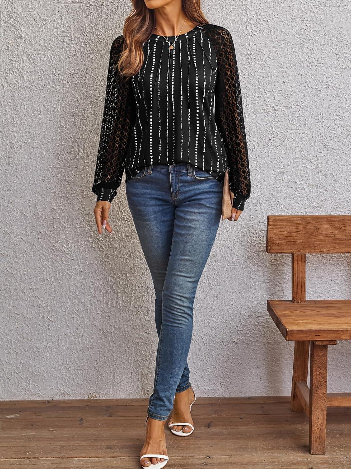 imageAUTOMET Womens Long Sleeve Shirts Pleated Lace Tops Fall Fashion Outfits Business Casual BlousesPrinting Black