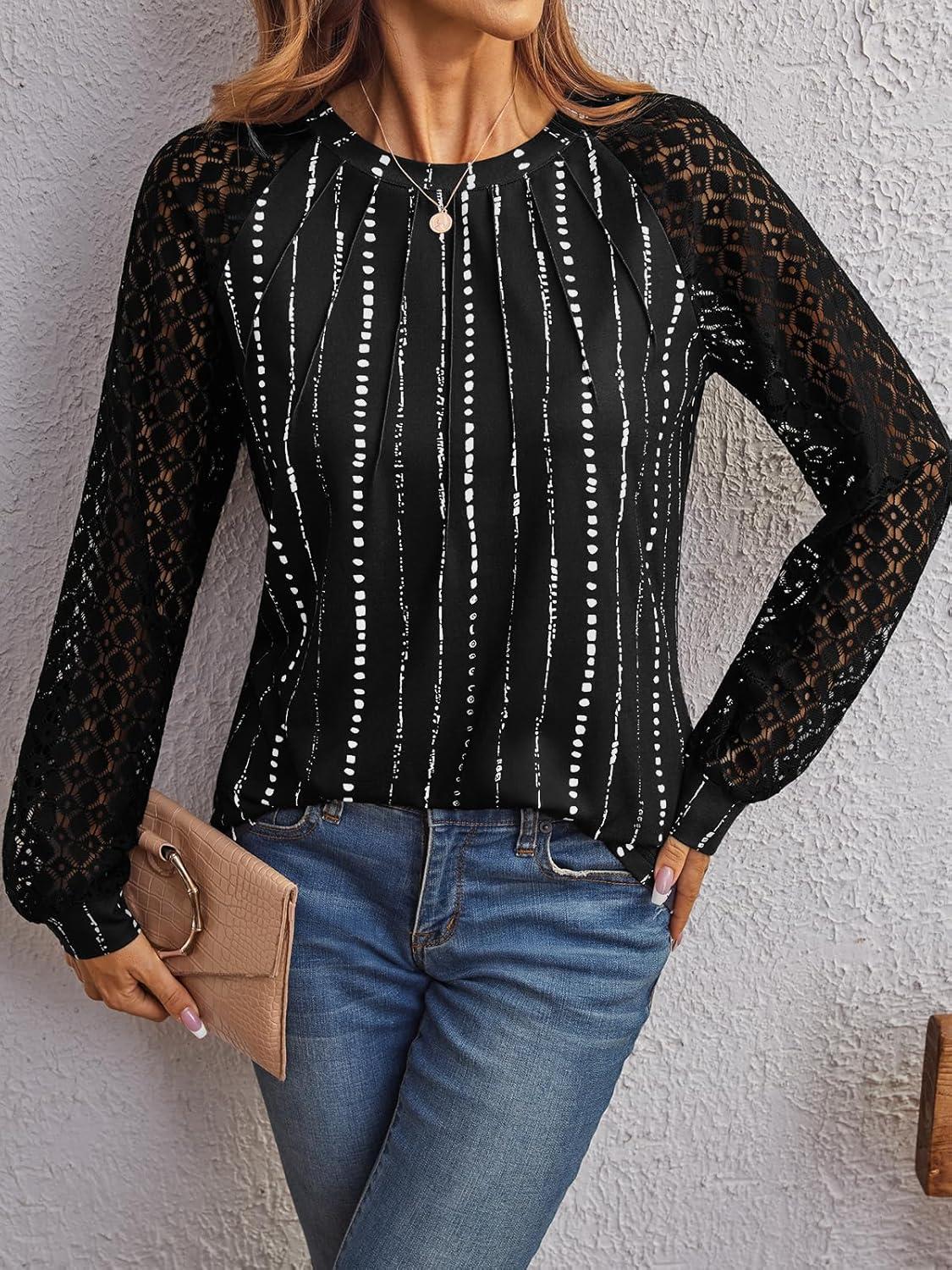 imageAUTOMET Womens Long Sleeve Shirts Pleated Lace Tops Fall Fashion Outfits Business Casual BlousesPrinting Black