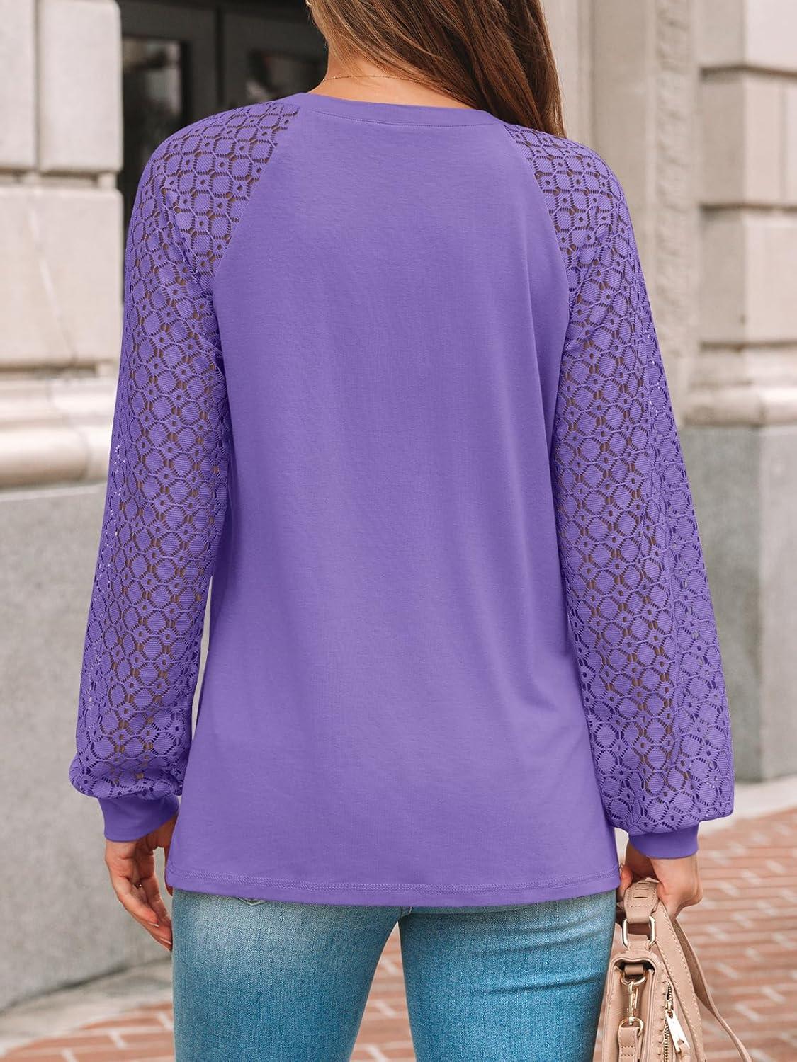 imageAUTOMET Womens Long Sleeve Shirts Pleated Lace Tops Fall Fashion Outfits Business Casual BlousesPurple