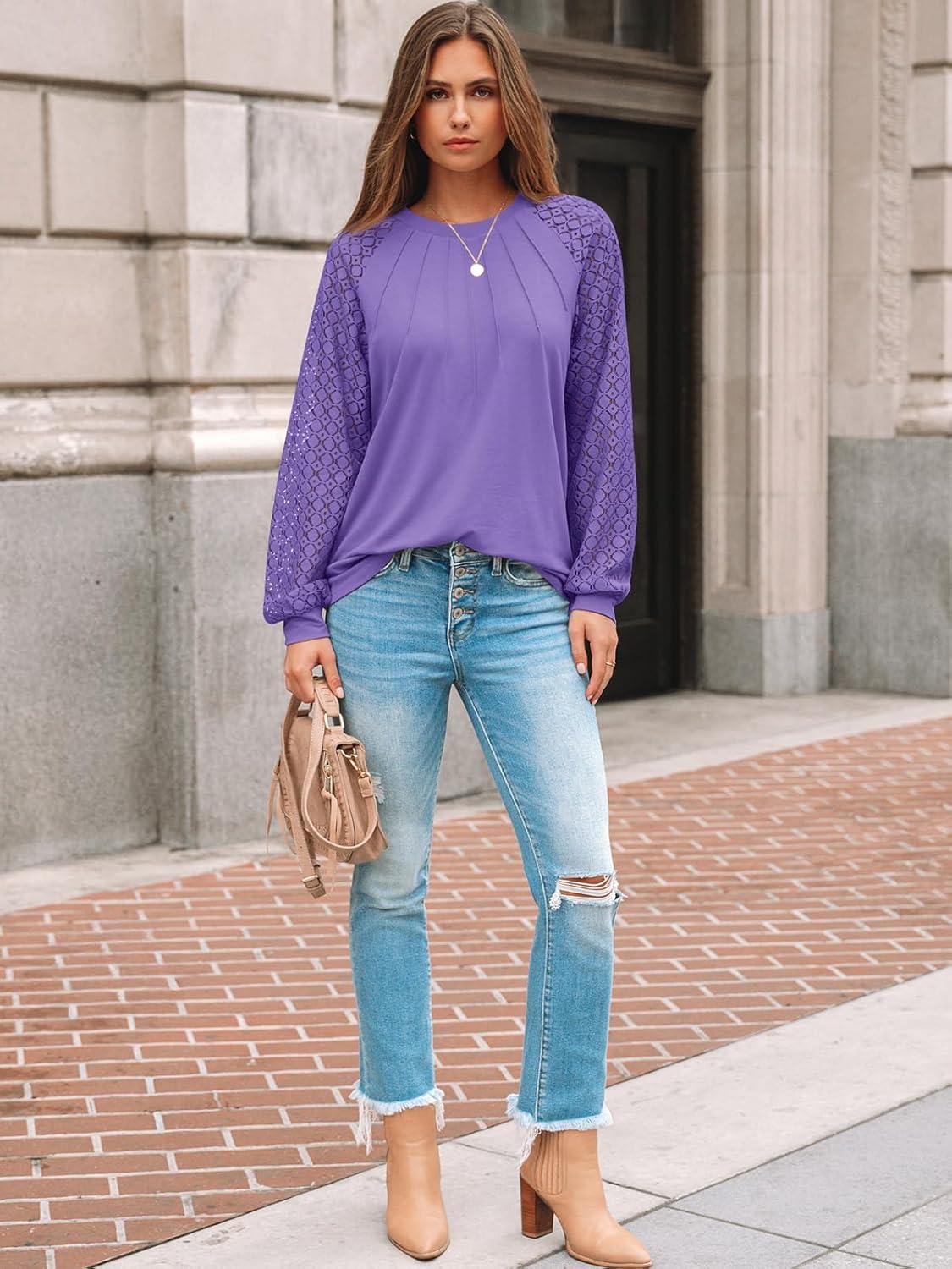 imageAUTOMET Womens Long Sleeve Shirts Pleated Lace Tops Fall Fashion Outfits Business Casual BlousesPurple