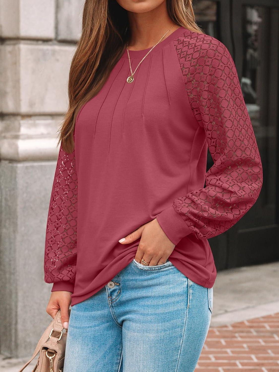 imageAUTOMET Womens Long Sleeve Shirts Pleated Lace Tops Fall Fashion Outfits Business Casual BlousesRust