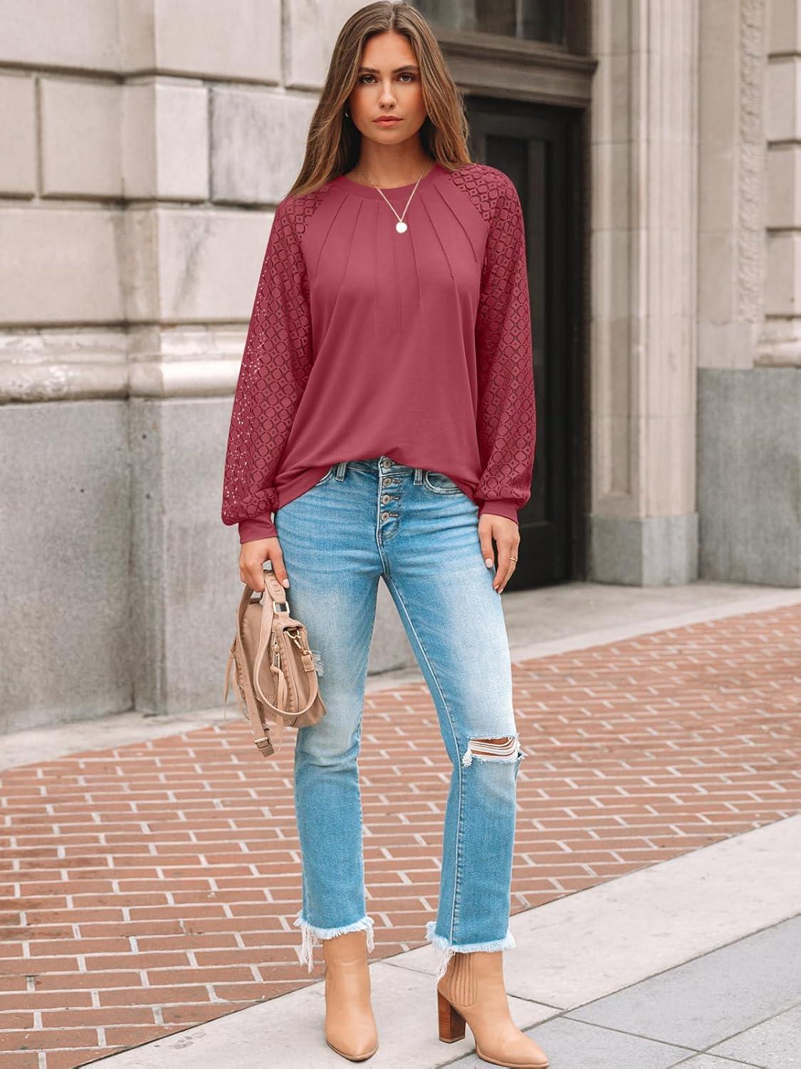 imageAUTOMET Womens Long Sleeve Shirts Pleated Lace Tops Fall Fashion Outfits Business Casual BlousesRust