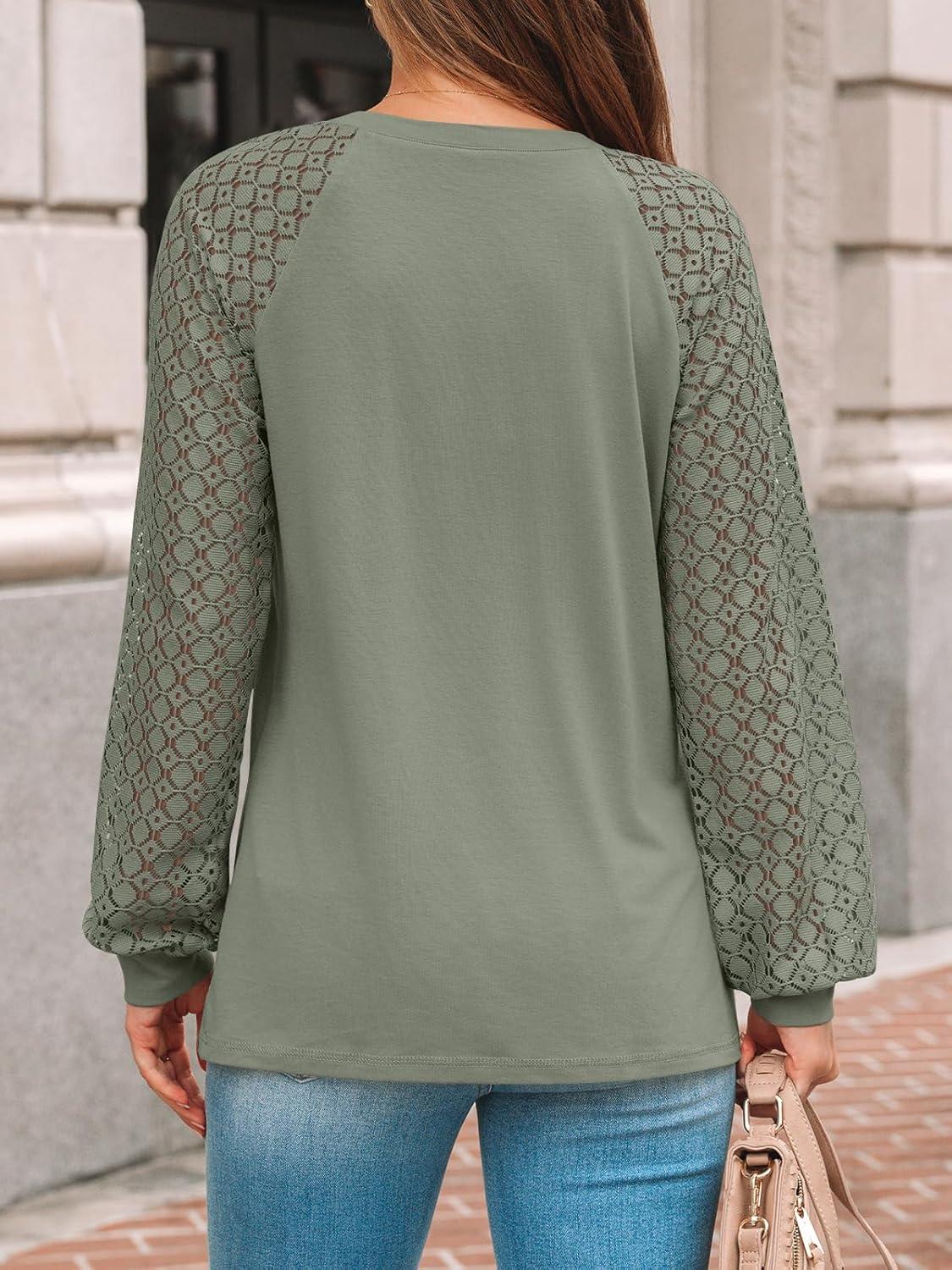 imageAUTOMET Womens Long Sleeve Shirts Pleated Lace Tops Fall Fashion Outfits Business Casual BlousesSage