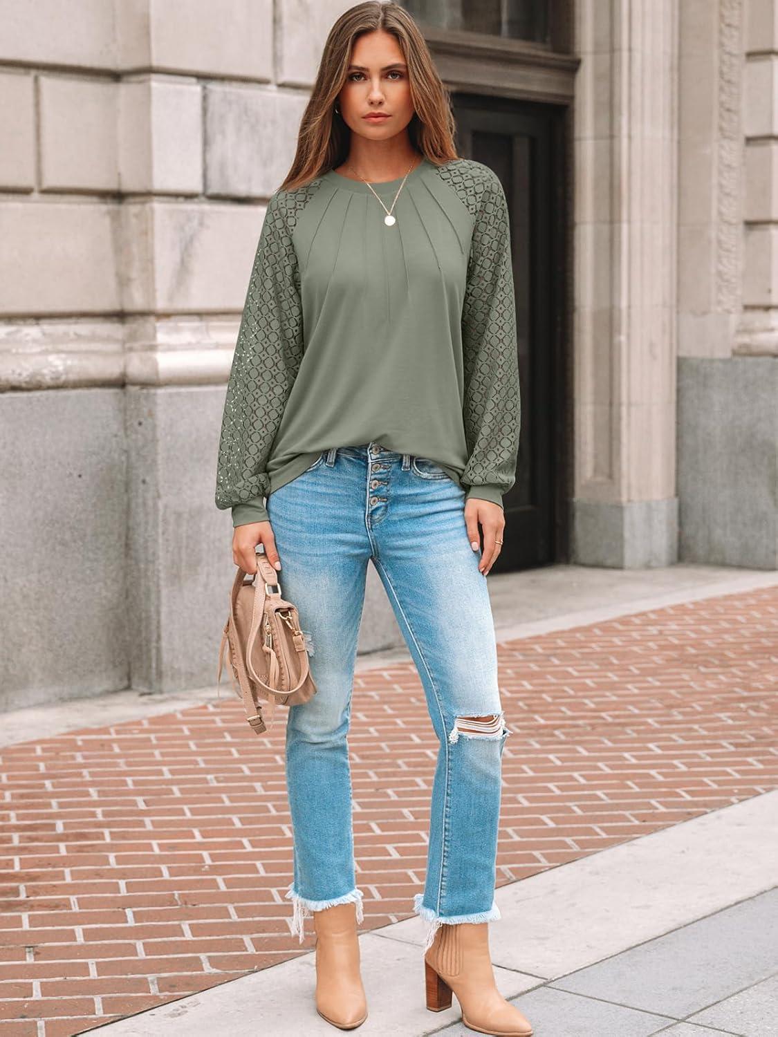 imageAUTOMET Womens Long Sleeve Shirts Pleated Lace Tops Fall Fashion Outfits Business Casual BlousesSage