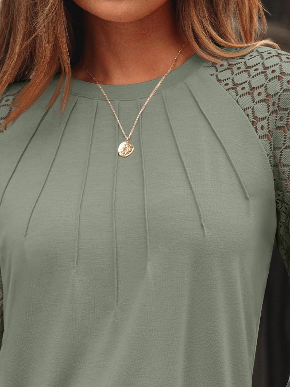 imageAUTOMET Womens Long Sleeve Shirts Pleated Lace Tops Fall Fashion Outfits Business Casual BlousesSage