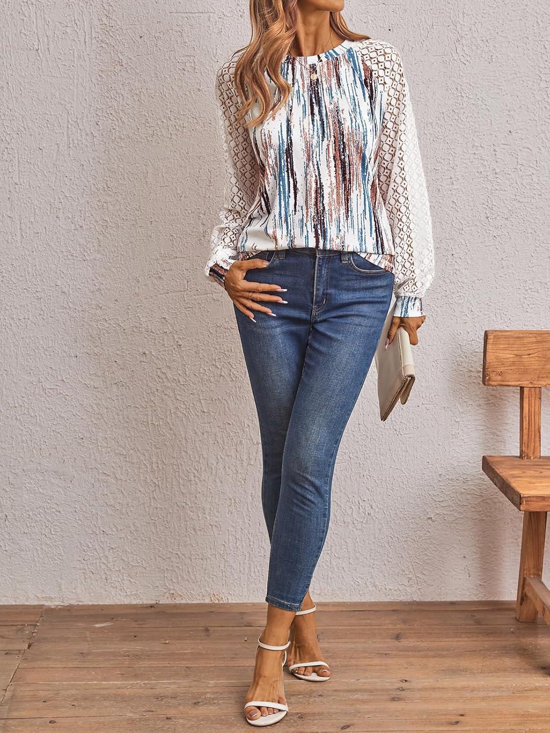 imageAUTOMET Womens Long Sleeve Shirts Pleated Lace Tops Fall Fashion Outfits Business Casual BlousesTiedye Multi