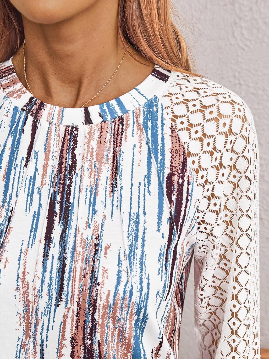 imageAUTOMET Womens Long Sleeve Shirts Pleated Lace Tops Fall Fashion Outfits Business Casual BlousesTiedye Multi