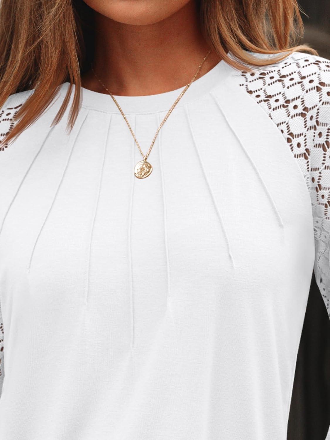 imageAUTOMET Womens Long Sleeve Shirts Pleated Lace Tops Fall Fashion Outfits Business Casual BlousesWhite