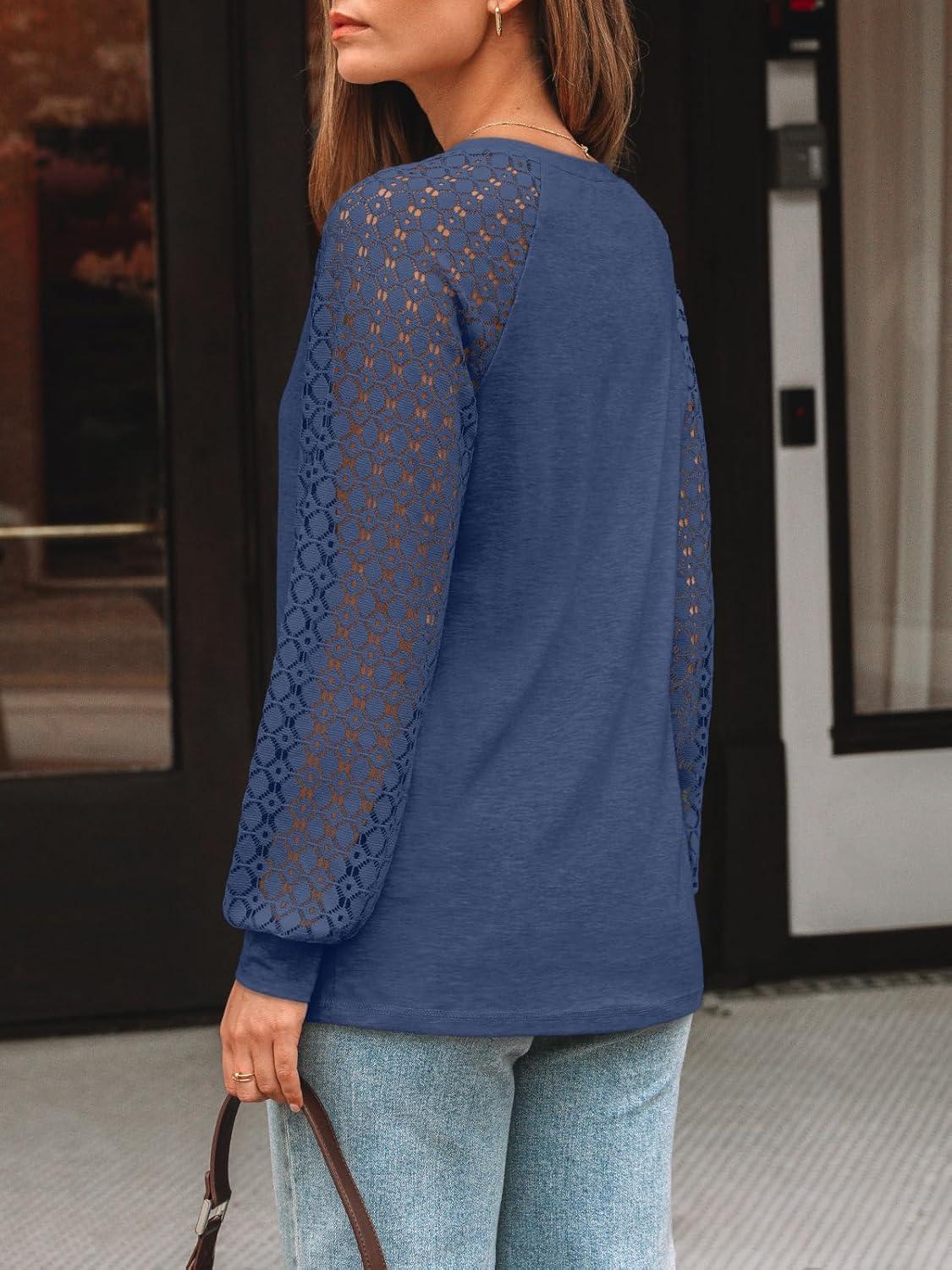 imageAUTOMET Womens Long Sleeve Shirts VNeck Lace Tops Business Casual Blouses Tee Trendy 2025 Fall Fashion Outfits ClothesBlue