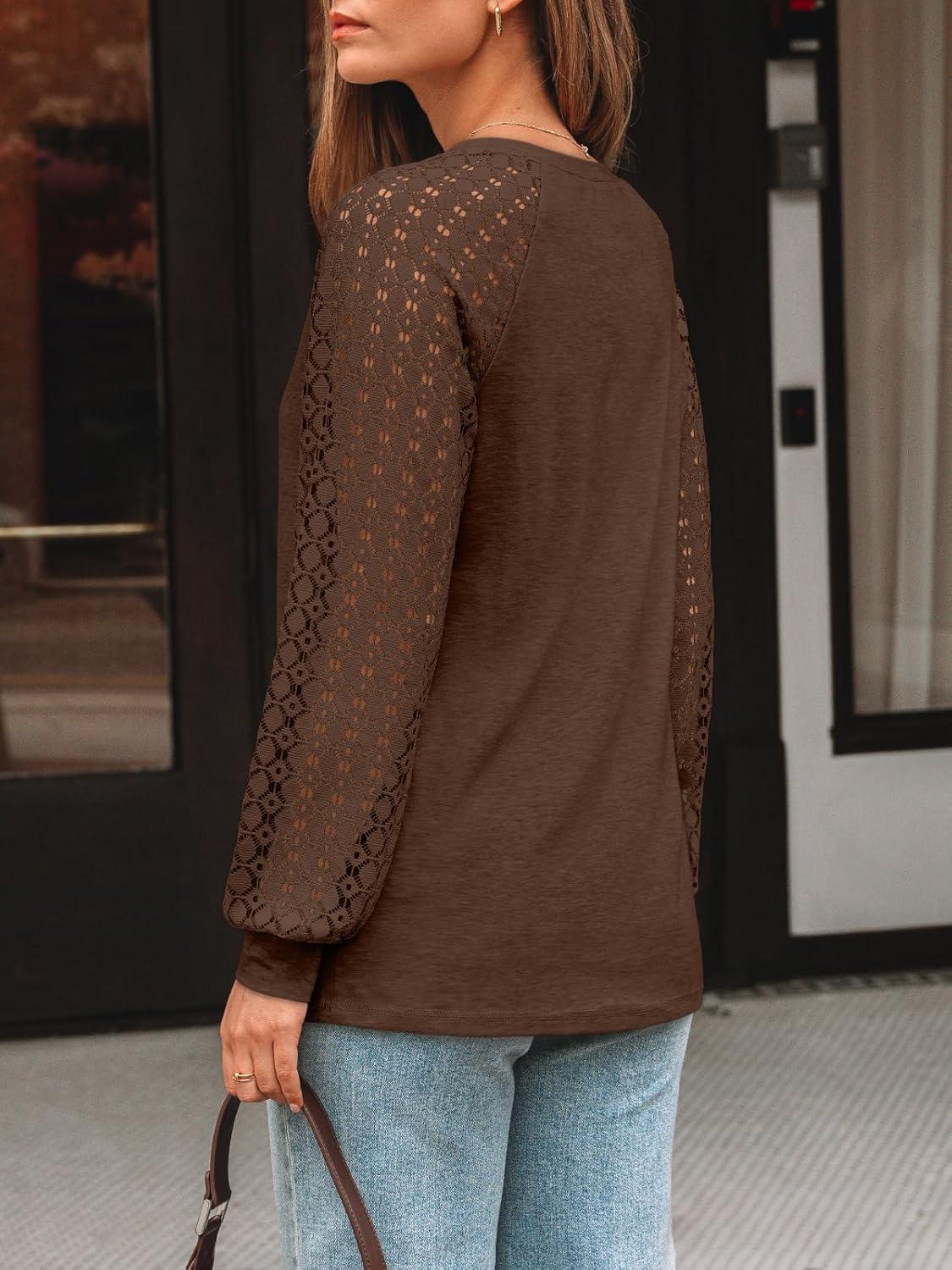 imageAUTOMET Womens Long Sleeve Shirts VNeck Lace Tops Business Casual Blouses Tee Trendy 2025 Fall Fashion Outfits ClothesBrown