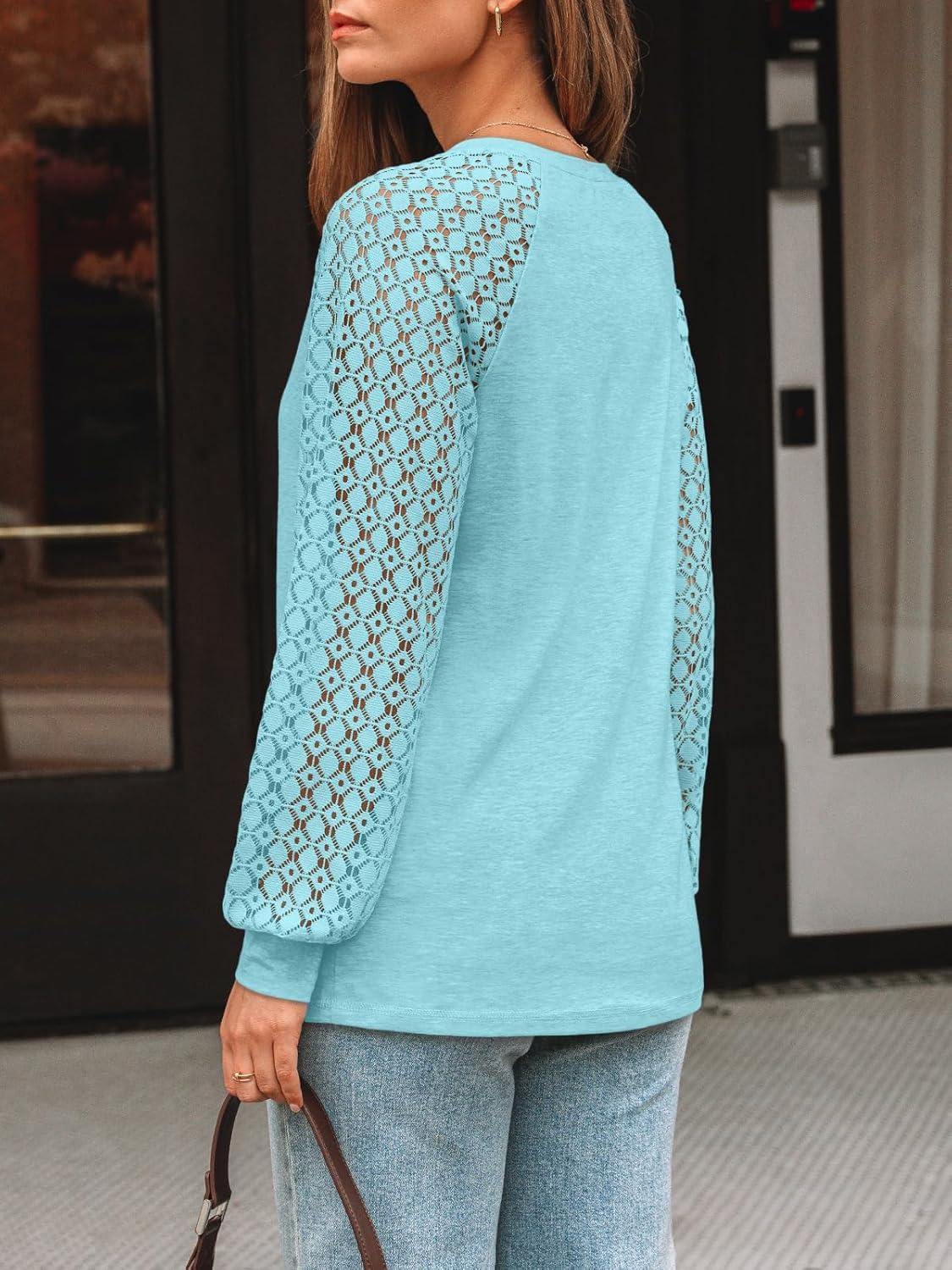 imageAUTOMET Womens Long Sleeve Shirts VNeck Lace Tops Business Casual Blouses Tee Trendy 2025 Fall Fashion Outfits ClothesCyan