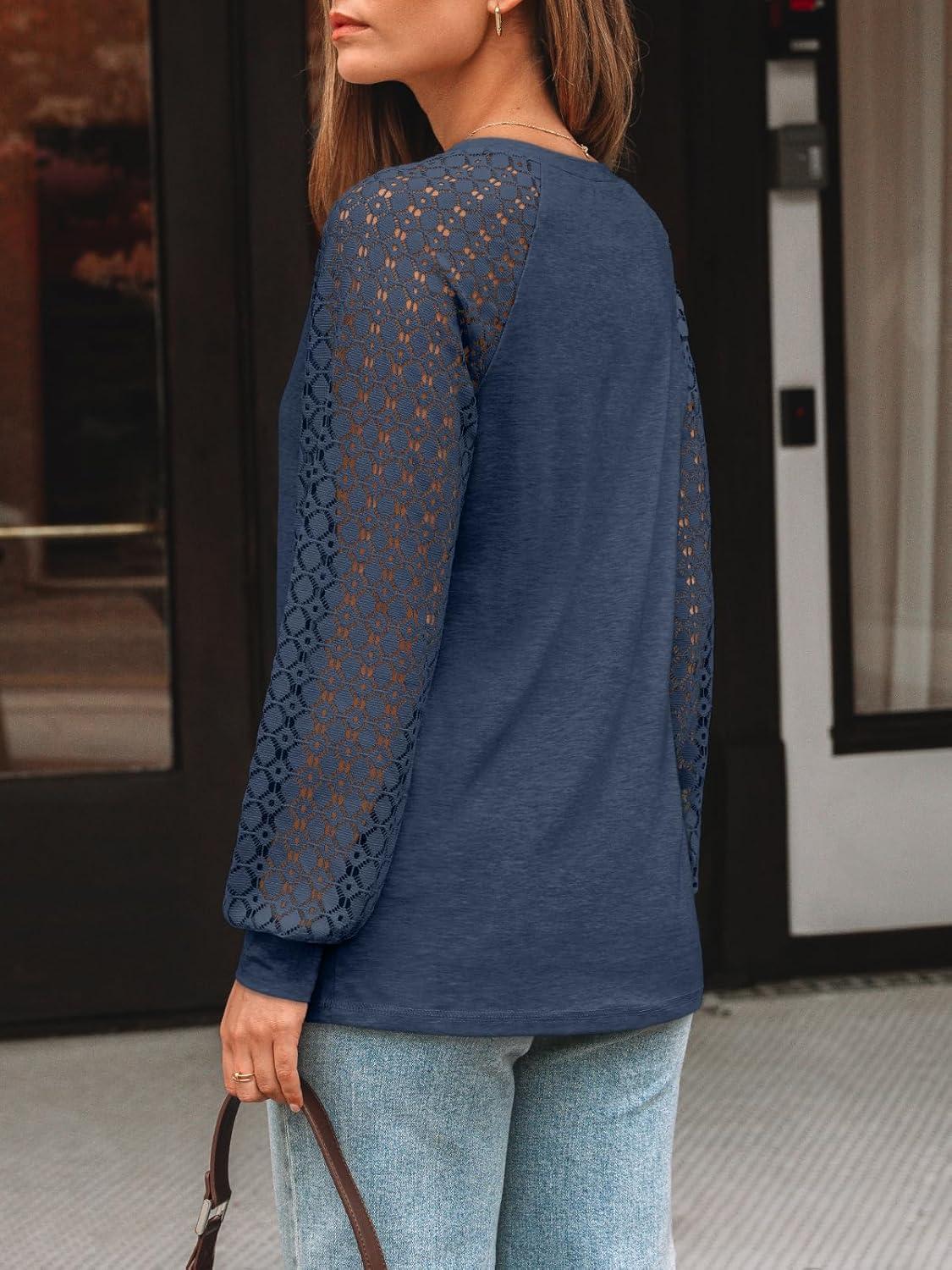 imageAUTOMET Womens Long Sleeve Shirts VNeck Lace Tops Business Casual Blouses Tee Trendy 2025 Fall Fashion Outfits ClothesDarkblue