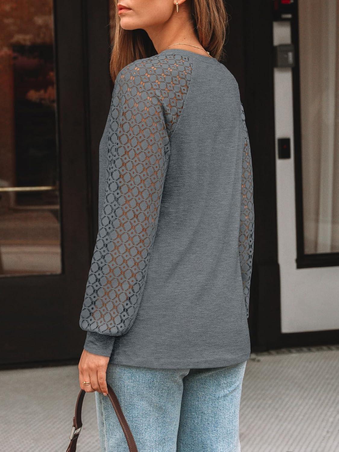 imageAUTOMET Womens Long Sleeve Shirts VNeck Lace Tops Business Casual Blouses Tee Trendy 2025 Fall Fashion Outfits ClothesGrey