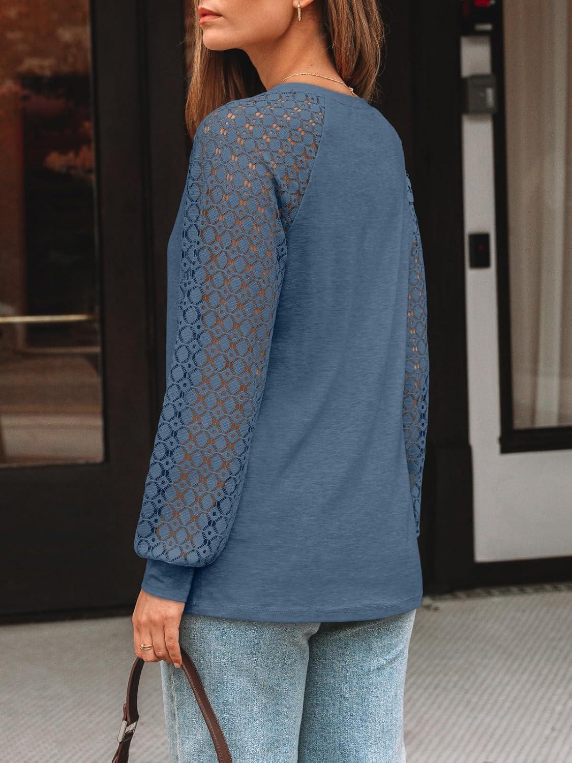 imageAUTOMET Womens Long Sleeve Shirts VNeck Lace Tops Business Casual Blouses Tee Trendy 2025 Fall Fashion Outfits ClothesGreyblue