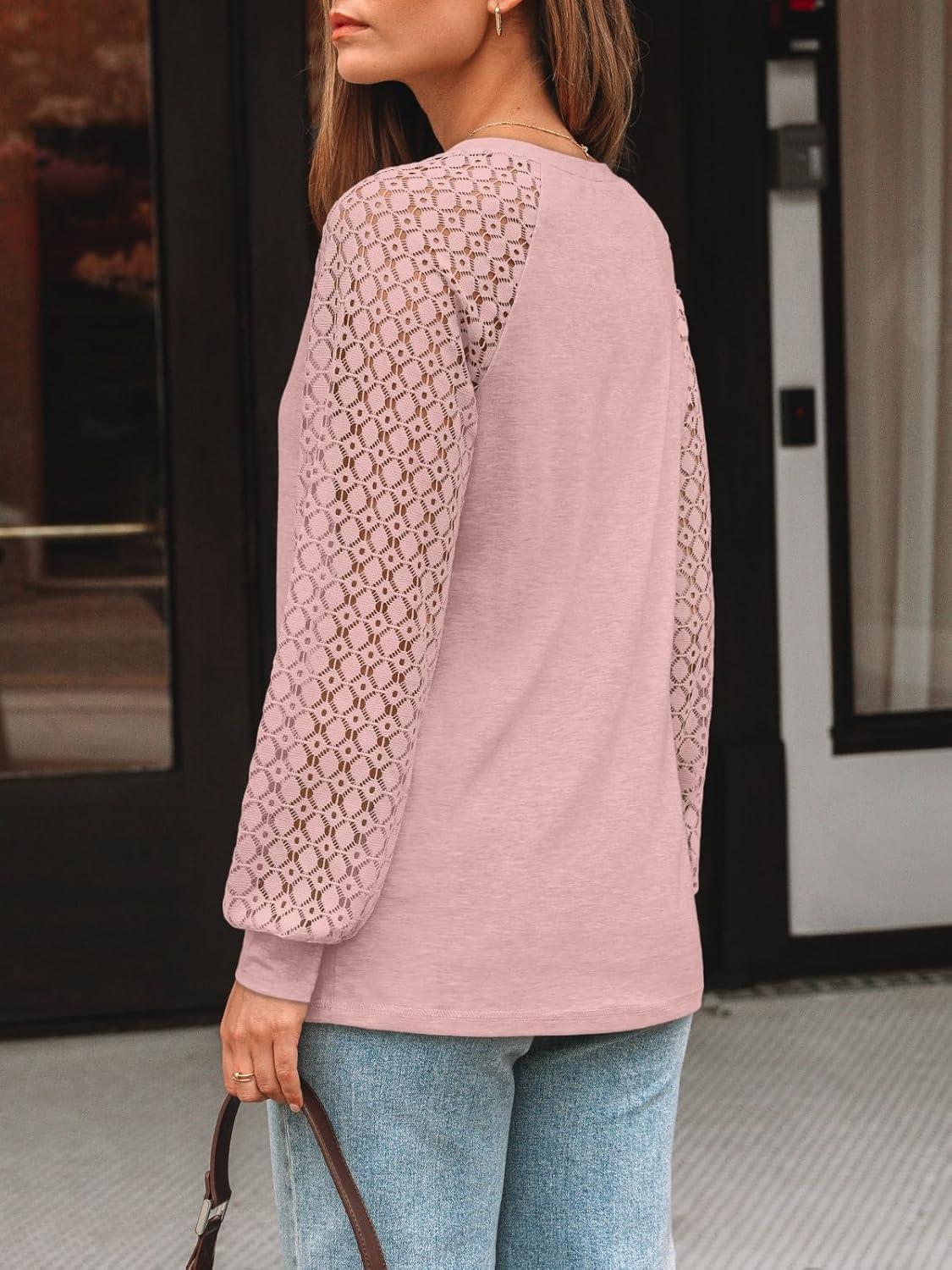 imageAUTOMET Womens Long Sleeve Shirts VNeck Lace Tops Business Casual Blouses Tee Trendy 2025 Fall Fashion Outfits ClothesPink