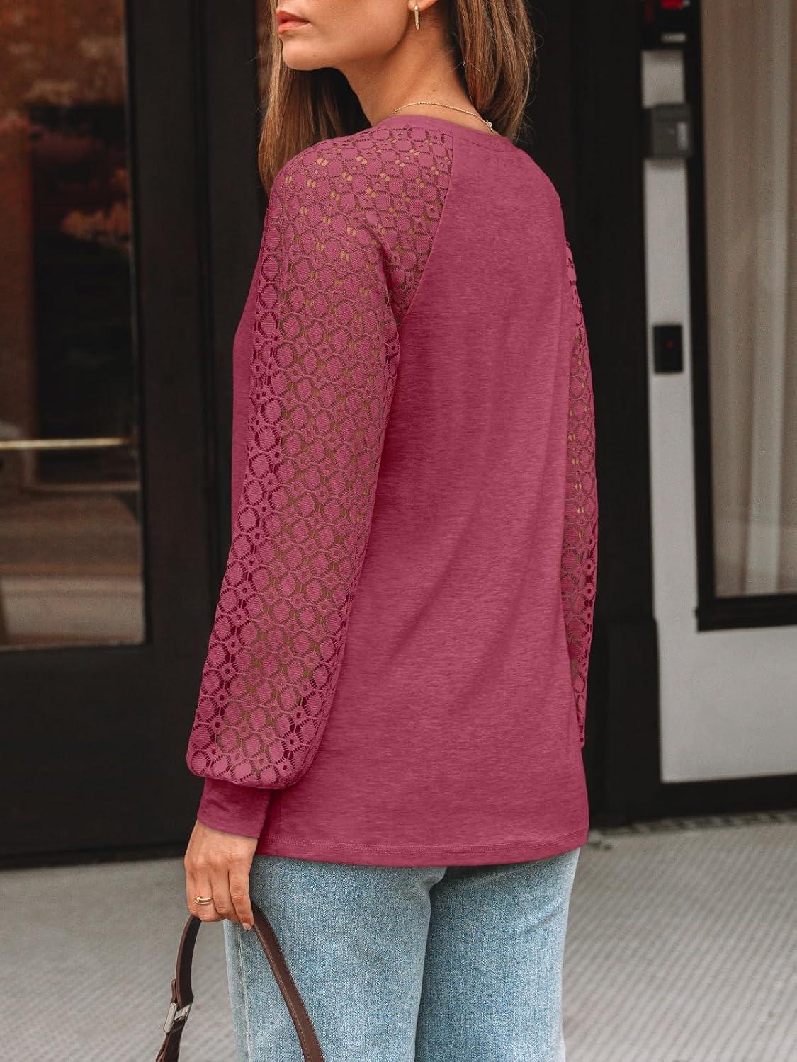 imageAUTOMET Womens Long Sleeve Shirts VNeck Lace Tops Business Casual Blouses Tee Trendy 2025 Fall Fashion Outfits ClothesRed