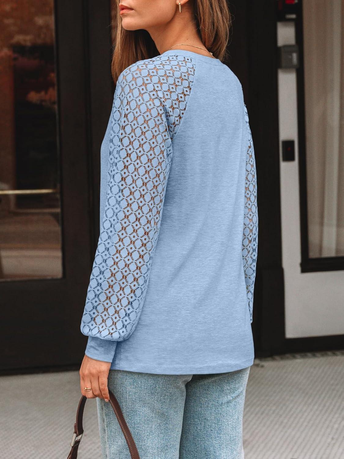 imageAUTOMET Womens Long Sleeve Shirts VNeck Lace Tops Business Casual Blouses Tee Trendy 2025 Fall Fashion Outfits ClothesSkyblue