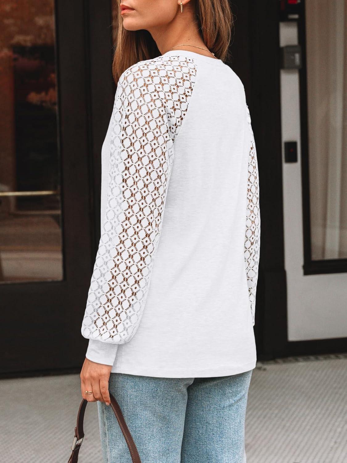 imageAUTOMET Womens Long Sleeve Shirts VNeck Lace Tops Business Casual Blouses Tee Trendy 2025 Fall Fashion Outfits ClothesWhite