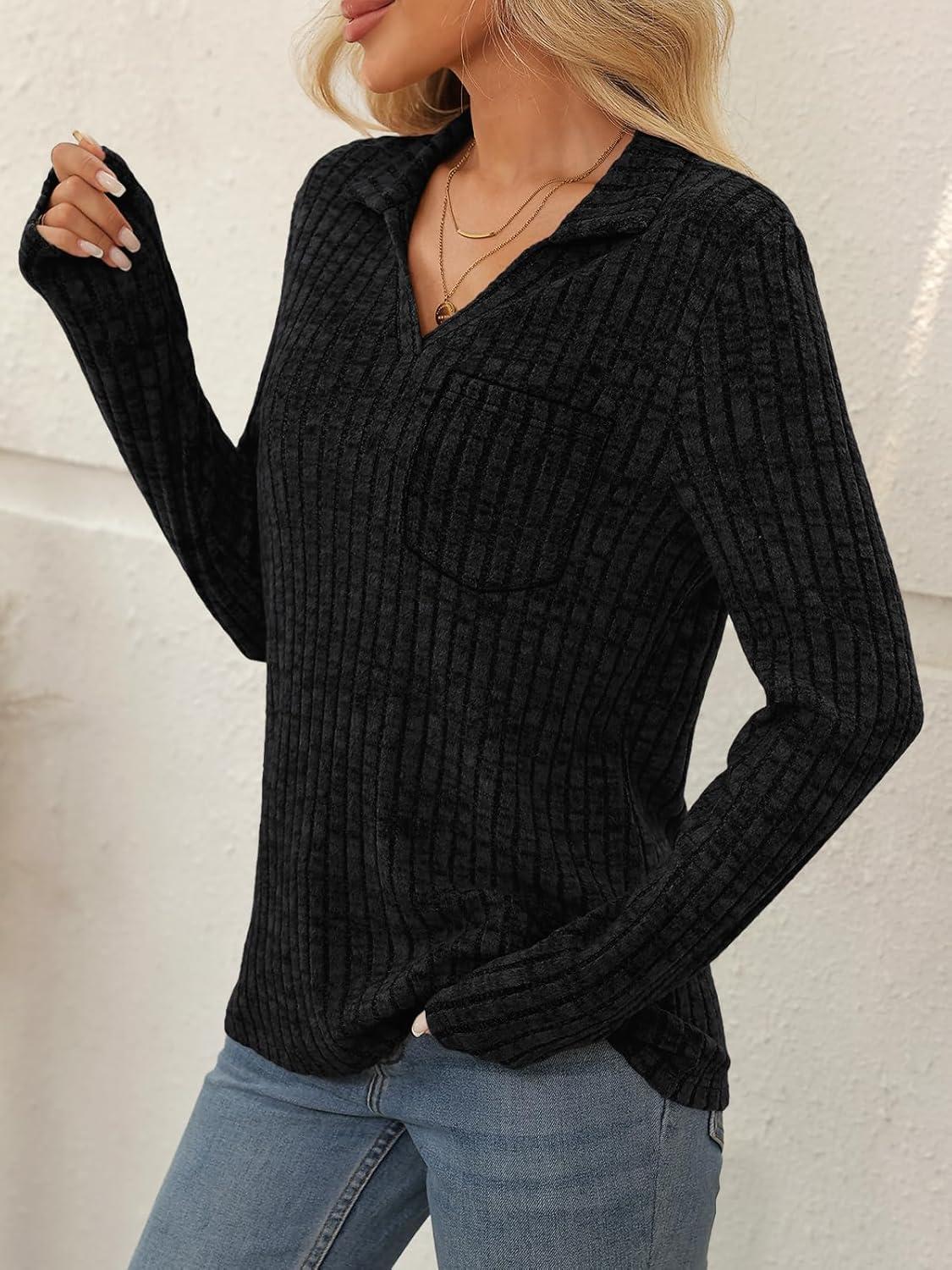 imageAUTOMET Womens Long Sleeve Tops Casual Collared Polo Shirts V Neck Tunic Sweaters Fall Fashion Dressy Winter Clothes 2025Black